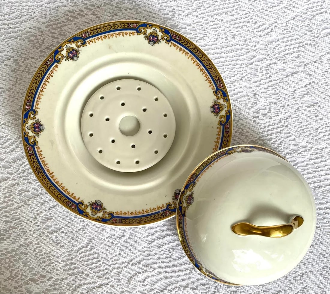 1929 Vintage Union Ceramique Limoges 7 Pieces Serving Set with Roses, Blue Band, Yellow Laurel, Gold - 8