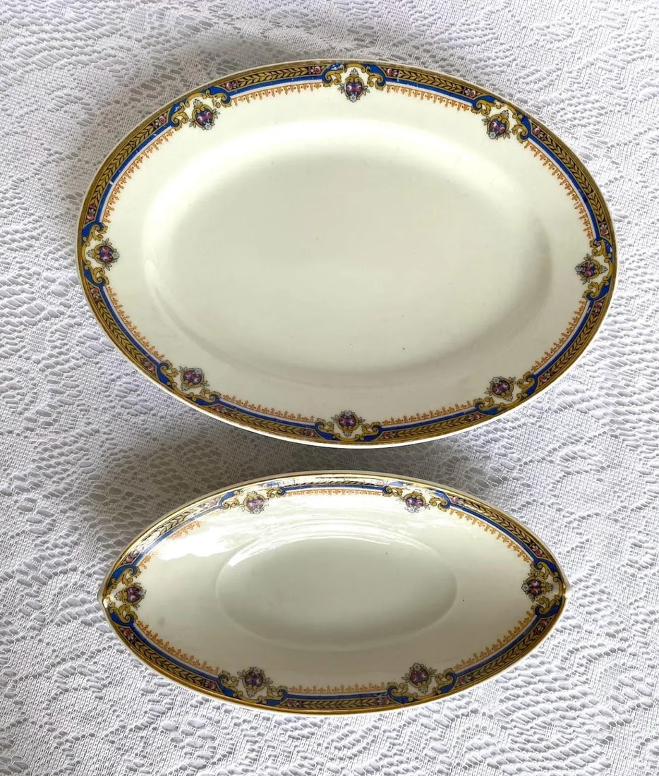 1929 Vintage Union Ceramique Limoges 7 Pieces Serving Set with Roses, Blue Band, Yellow Laurel, Gold - 9