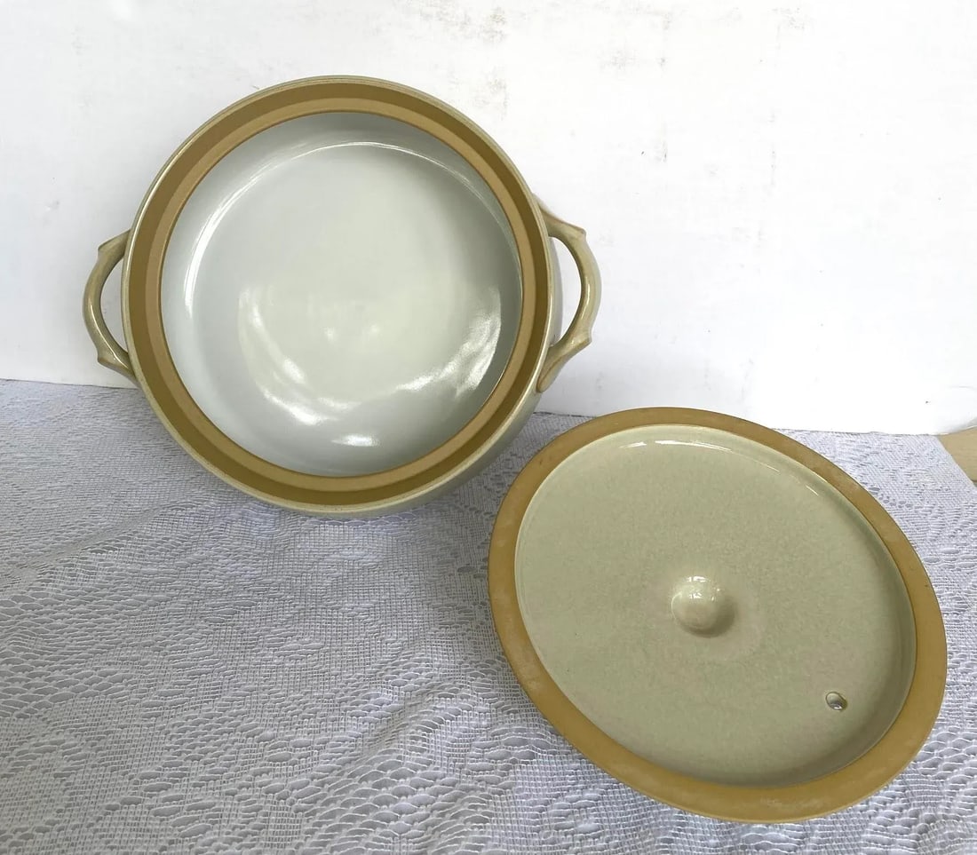 Denby-Langley Energy Round Covered Casserole Dish in Sage, Cream & Yellow Rim - 4