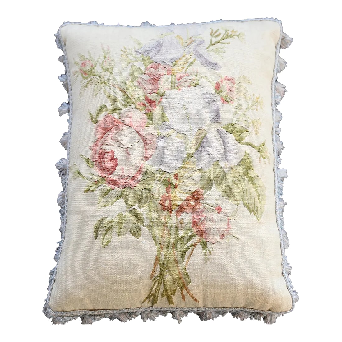Cream and Pink Floral Aubusson Decor Pillow: Our Cream Decor Pillow, adorned with a charming pink bouquet of flowers in the center, adds a touch of elegance to any room. Made from soft wool, it's both comfortable and durable. The velvet backing