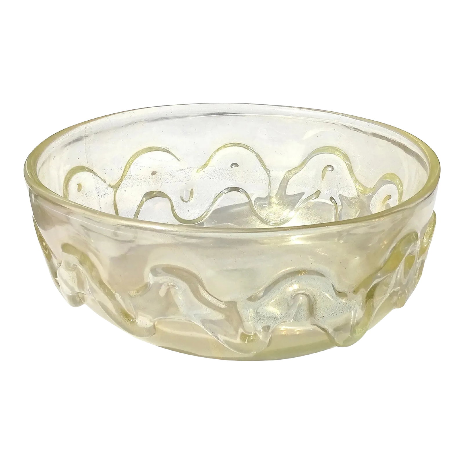 Vintage Murano Seguso Vetri d'Arte Flavio Poli Gold Flecks Iridescent Italian Art Glass Wave Design: Beautiful vintage Murano hand blown heavy iridescent surface and gold flecks Italian art glass transparent decorative bowl. Attributed to designer Flavio Poli for the Seguso Vetri d'Arte company,