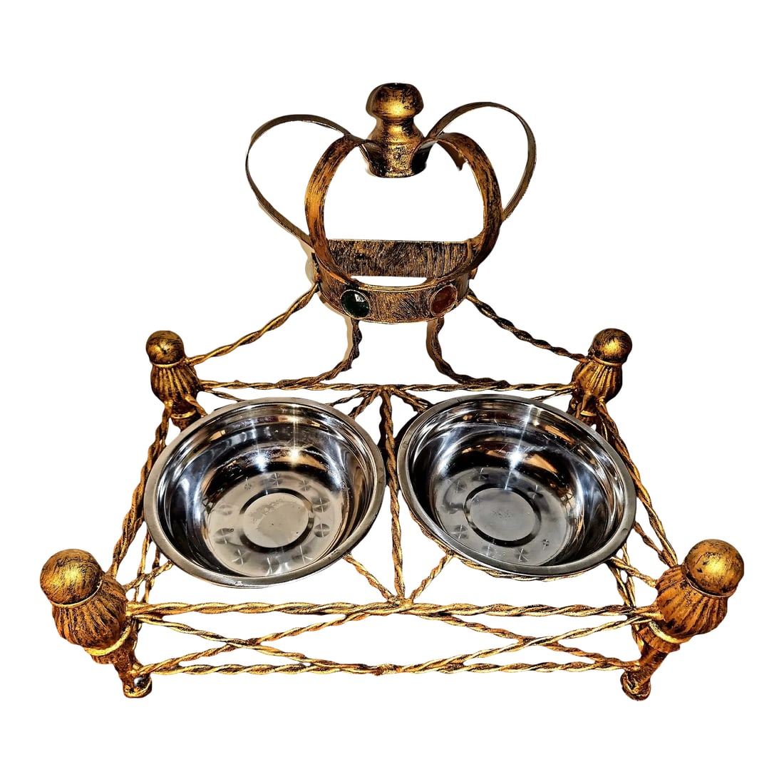 Vintage Golden Metal Gem Adourned Pet (Dog/Cat) Feeder Bowl: This is a one-of-a-kind dog (any pet) bowl/dish holder was made only for the most boujie of pets; The Royalty of the Animal Kingdom. Composed of extremely strong golden metal with unbreakable welds,