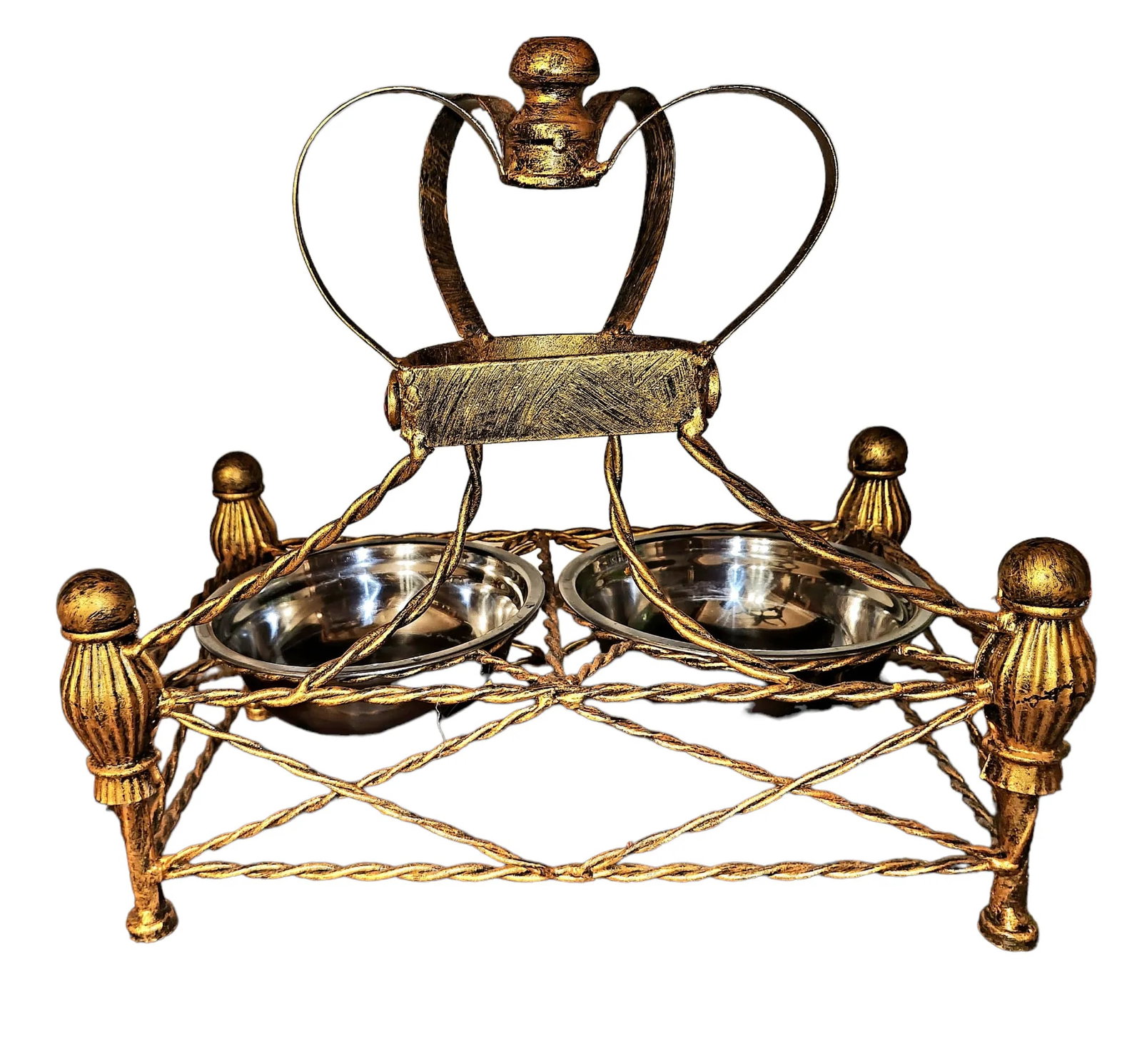 Vintage Golden Metal Gem Adourned Pet (Dog/Cat) Feeder Bowl - 2