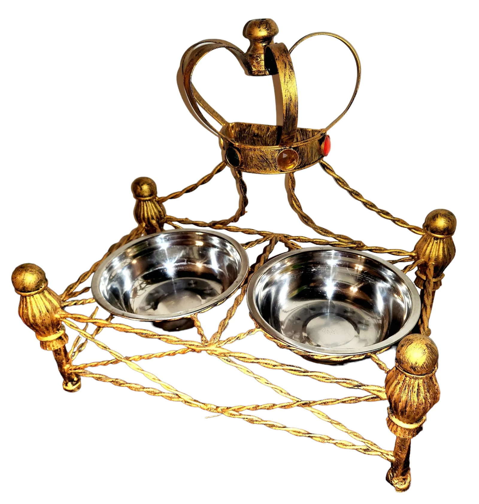Vintage Golden Metal Gem Adourned Pet (Dog/Cat) Feeder Bowl - 3