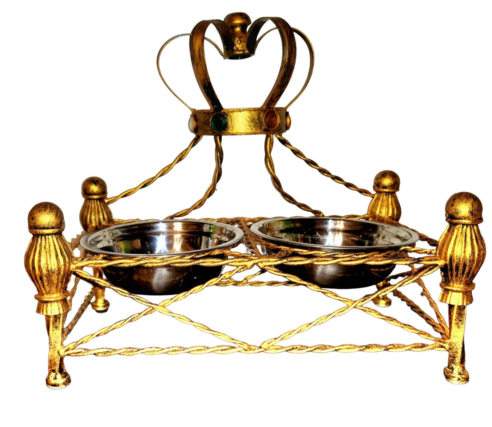 Vintage Golden Metal Gem Adourned Pet (Dog/Cat) Feeder Bowl - 5