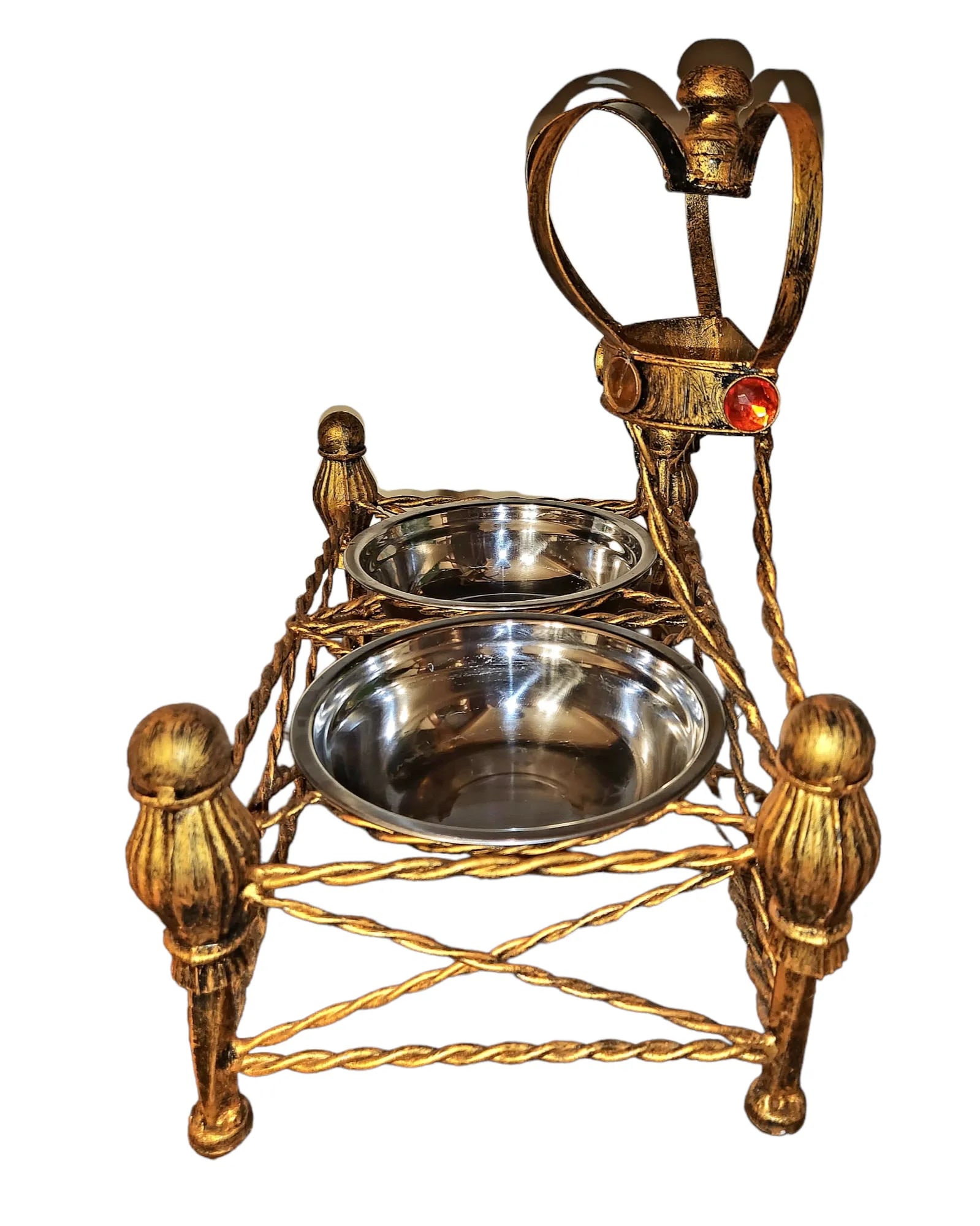 Vintage Golden Metal Gem Adourned Pet (Dog/Cat) Feeder Bowl - 7