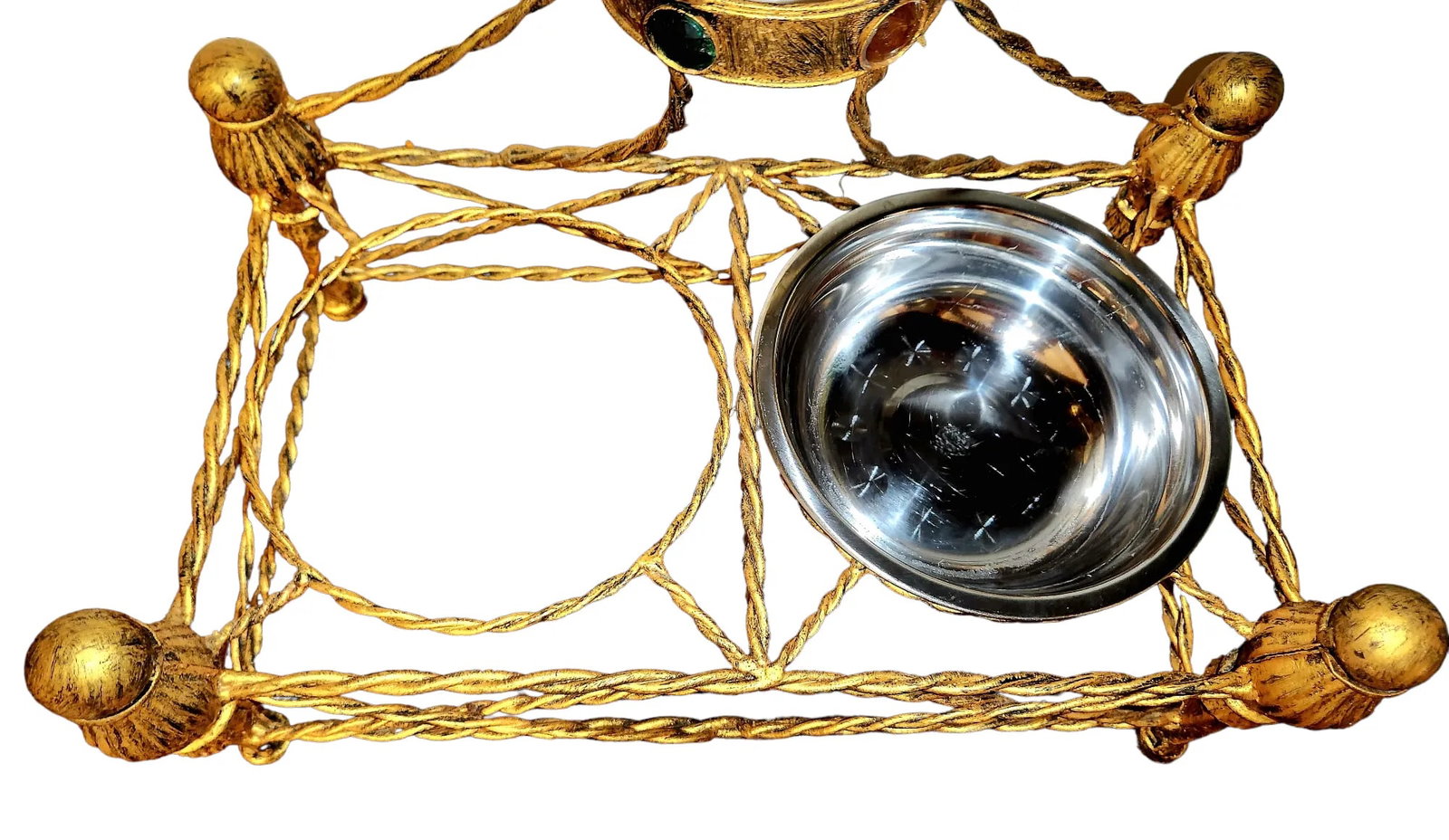 Vintage Golden Metal Gem Adourned Pet (Dog/Cat) Feeder Bowl - 8