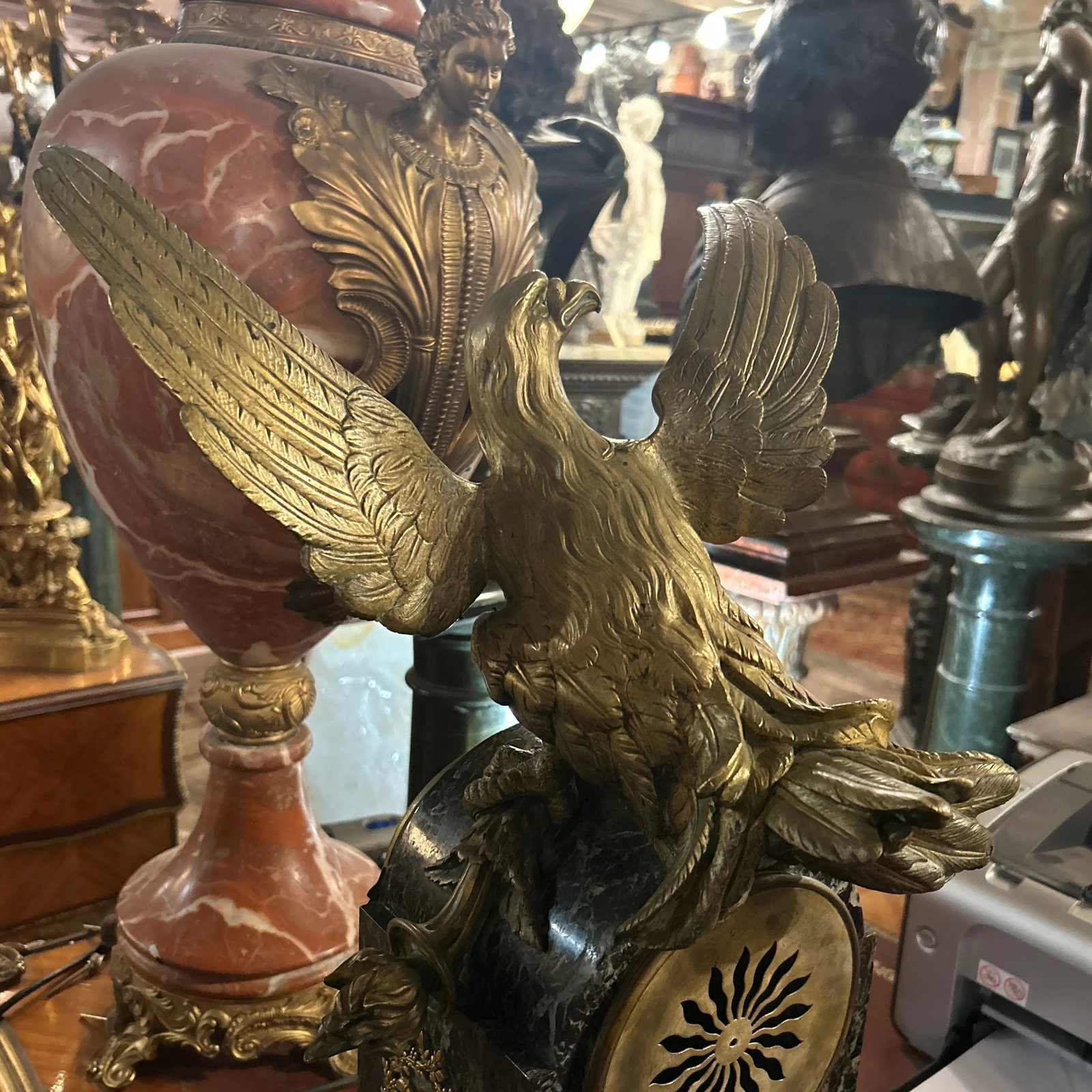 French Antique Marble Figural Bronze Mantel Clock Eagle, Raingo Feres, Circa 1880 - 10