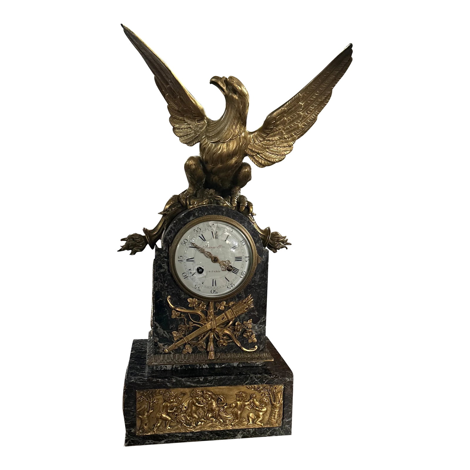 French Antique Marble Figural Bronze Mantel Clock Eagle, Raingo Feres, Circa 1880: we are pleased to introduce for sale a rare wonderful example of French antique marble clock, figural bronze decorations, Raingo Feres, circa 1880. This special example stands 24 inches tall, 11