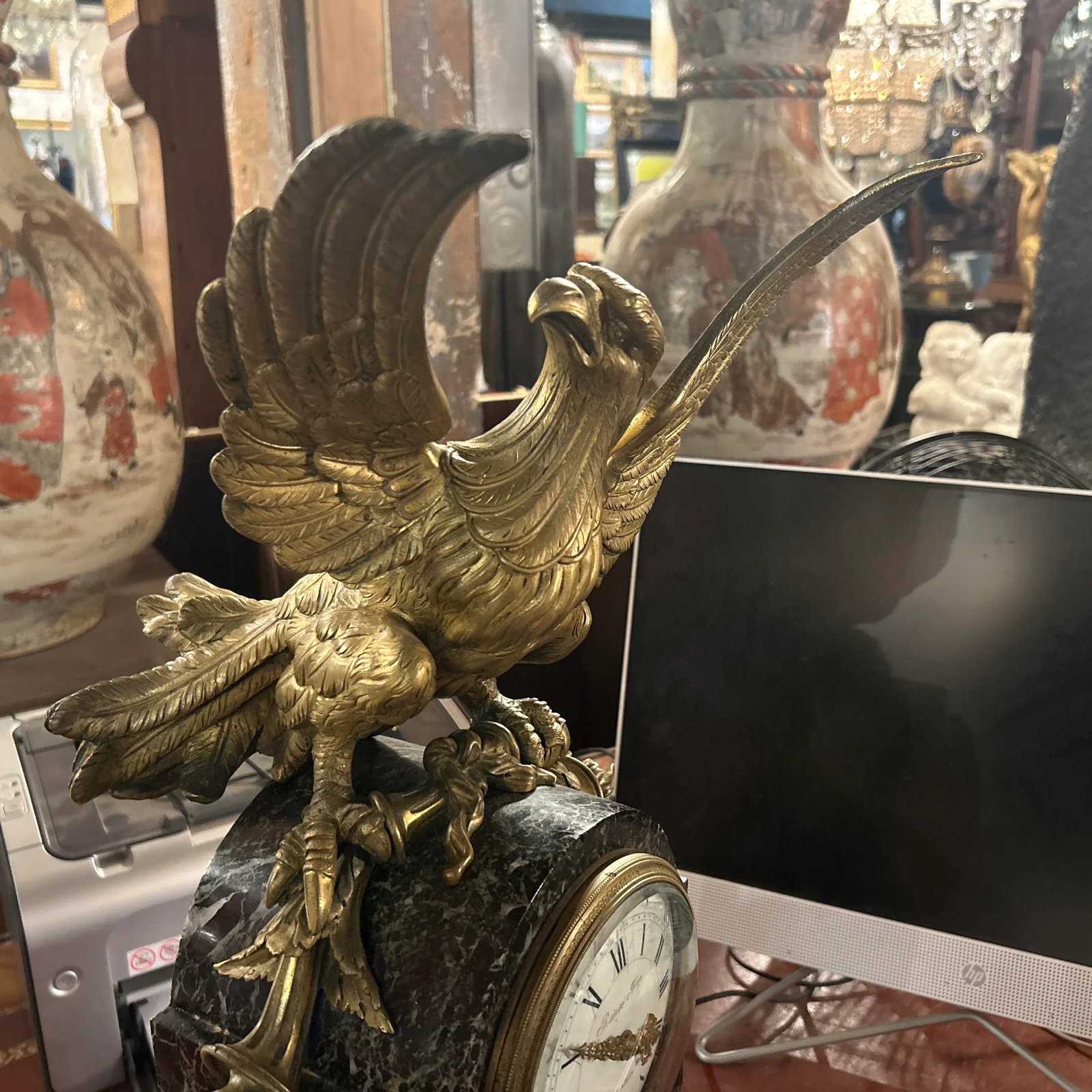 French Antique Marble Figural Bronze Mantel Clock Eagle, Raingo Feres, Circa 1880 - 4