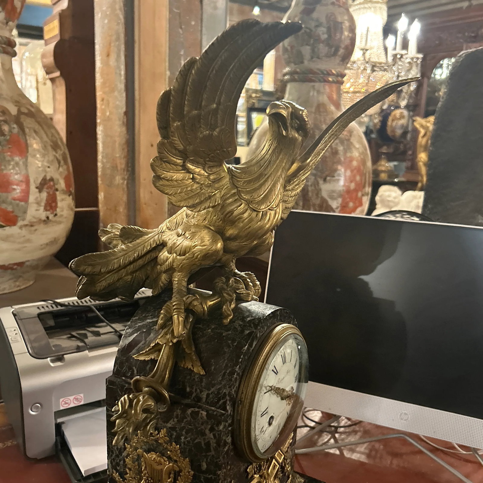 French Antique Marble Figural Bronze Mantel Clock Eagle, Raingo Feres, Circa 1880 - 6