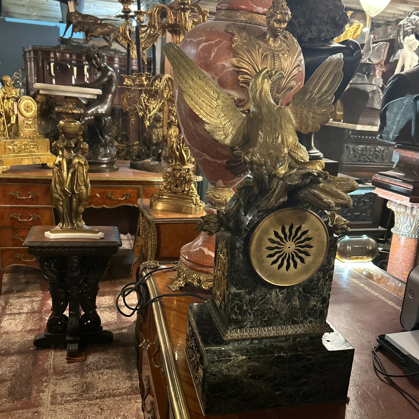 French Antique Marble Figural Bronze Mantel Clock Eagle, Raingo Feres, Circa 1880 - 9