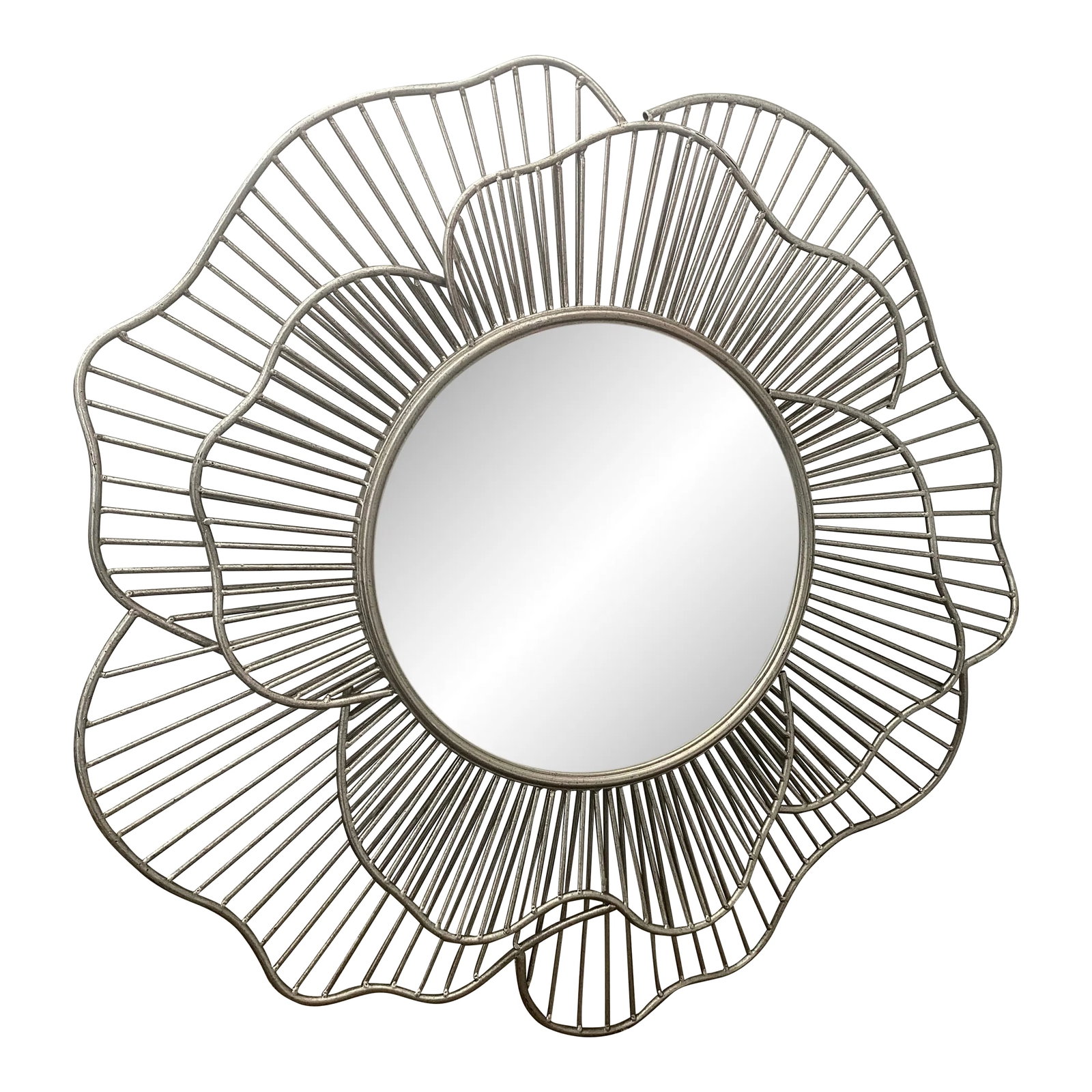 1990s Large Silver Metal Flower Petal Shaped Mirror: Iron and silver painted metal flower, or petal shaped mirror, great scale and good quality Condition: Alterations: Original Condition Unaltered Imperfections: Some Imperfections Condition Notes: