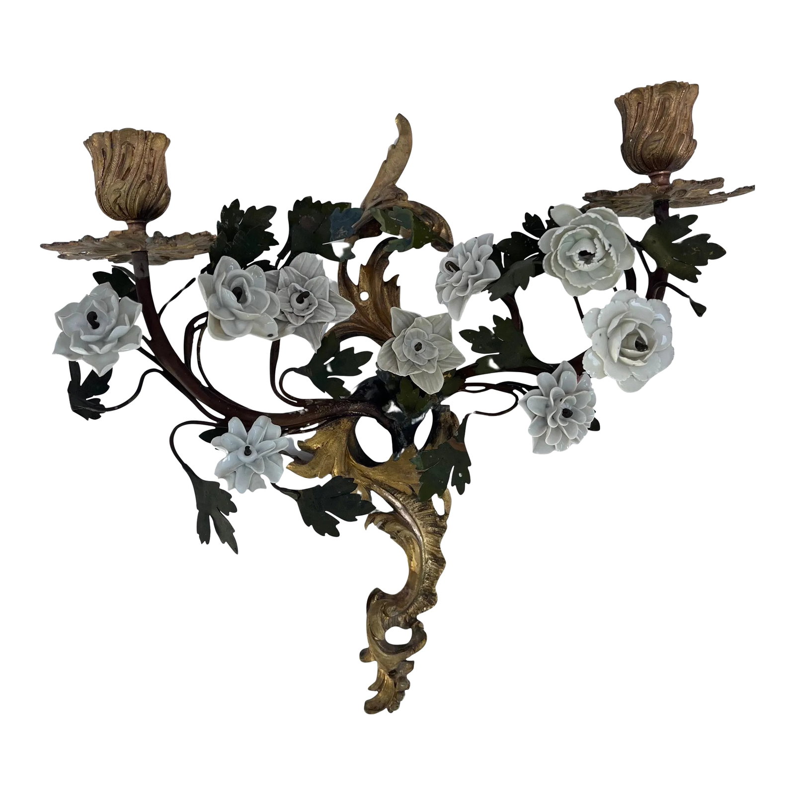 French Pair of Period Louis XV Tole, Ormolu and Porcelain Flower Wall Sconces.: French Pair of Period Louis XV Tole, Ormolu and Porcelain Flower Wall Sconces. Very rare pair of appliques in finely chiseled gilded bronze with soft porcelain white flowers. Made in France, 18th