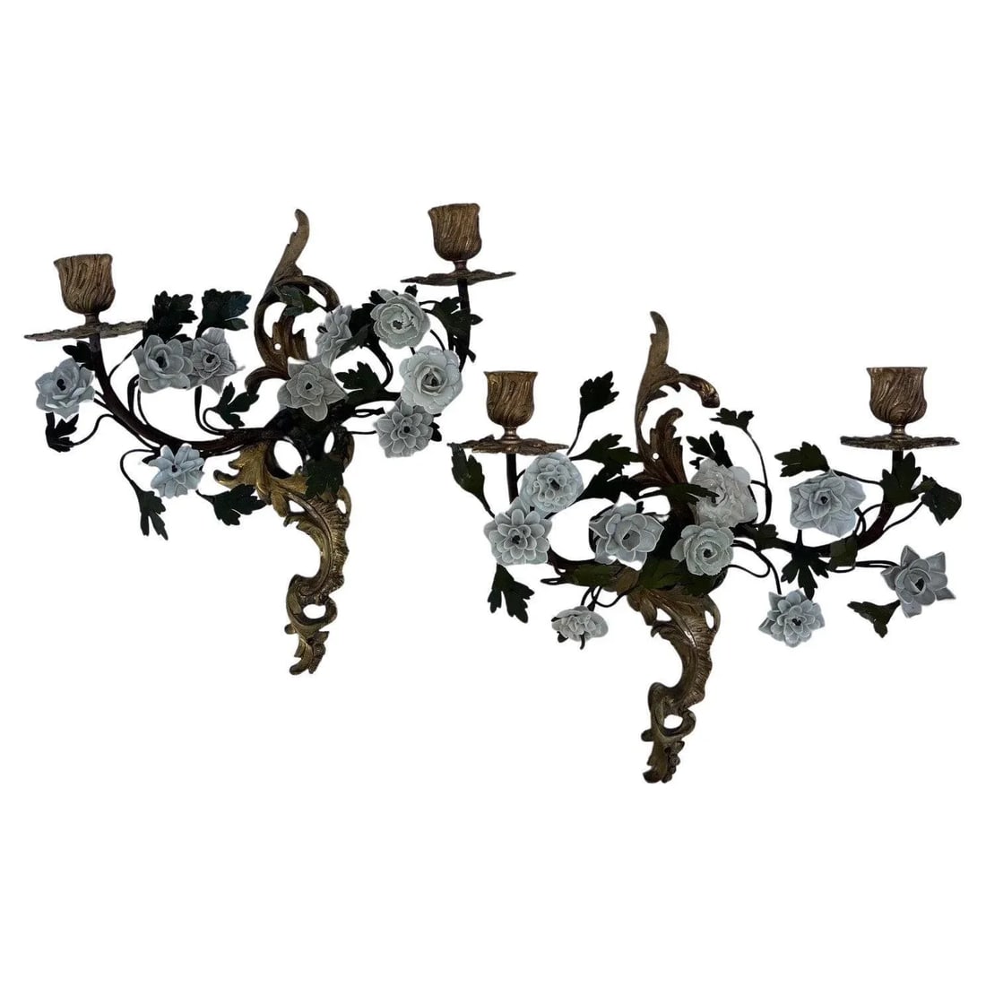 French Pair of Period Louis XV Tole, Ormolu and Porcelain Flower Wall Sconces. - 2