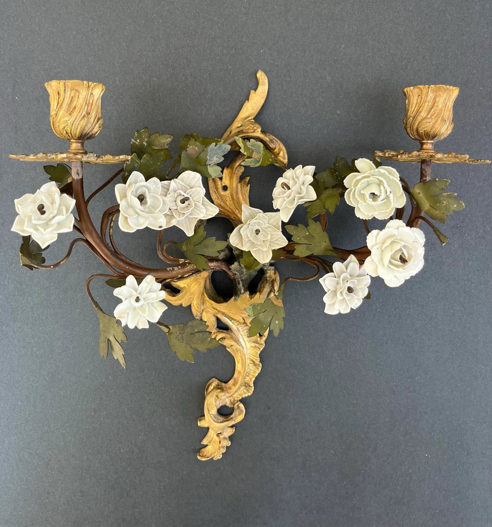 French Pair of Period Louis XV Tole, Ormolu and Porcelain Flower Wall Sconces. - 4