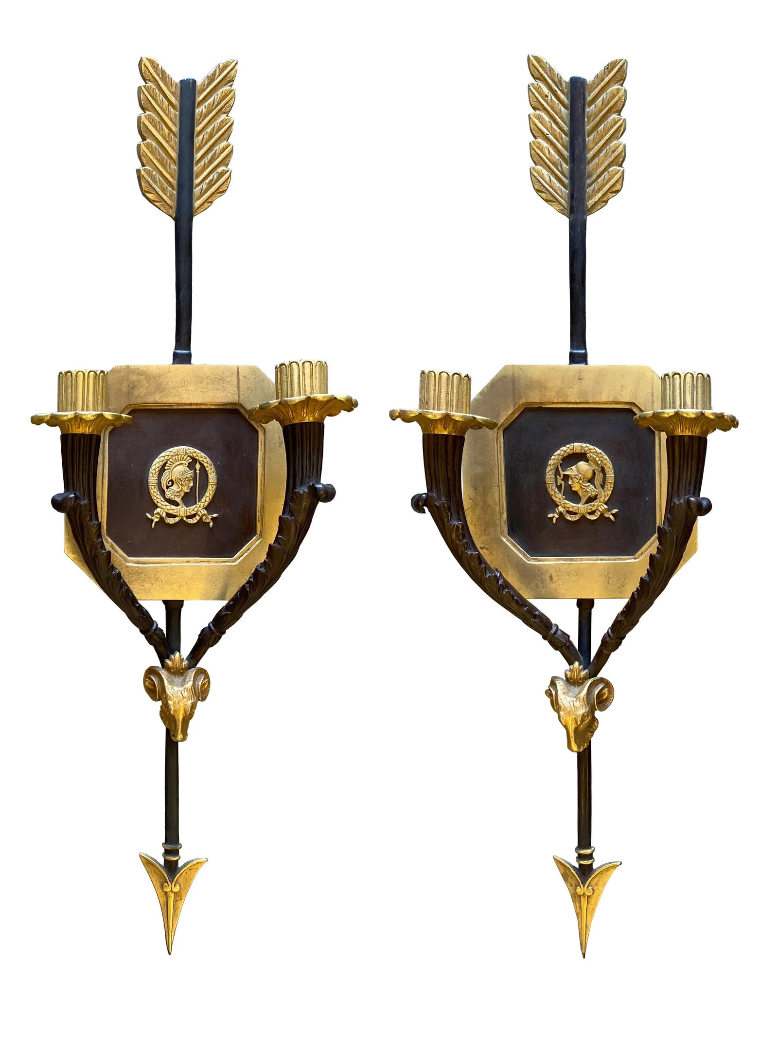 Pair of Roman Neoclassical Gilt and Bronze Candle Sconces With Arrow Motif - 2
