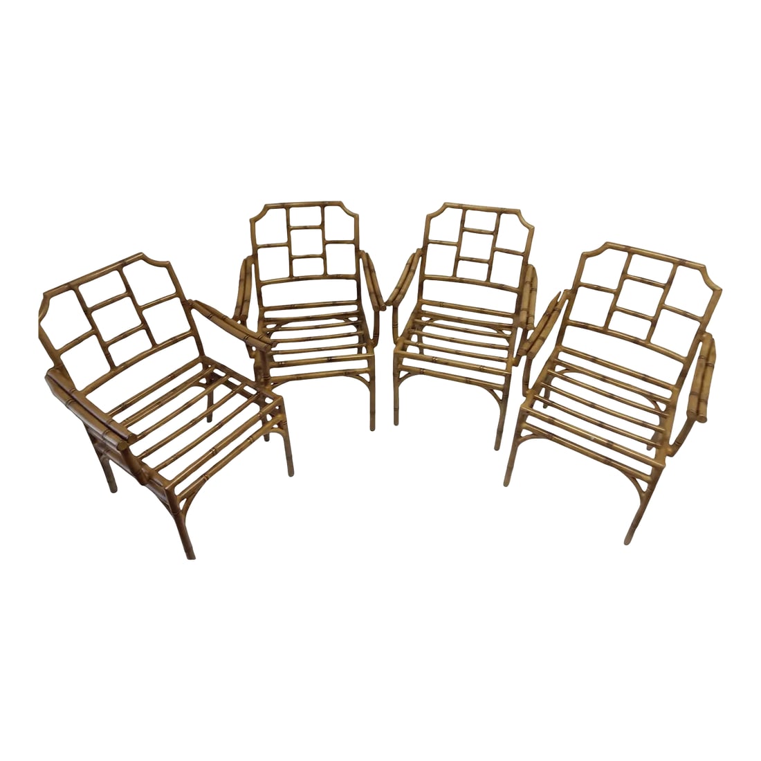 Vintage Aluminum Faux Bamboo Outdoor Chairs - Set of 4: Beautiful Aluminum Strong Faux Bamboo Chairs All season chairs indoors or outdoors We have cushions for these chairs But what's nice about the set is they are a common seat size and can easily
