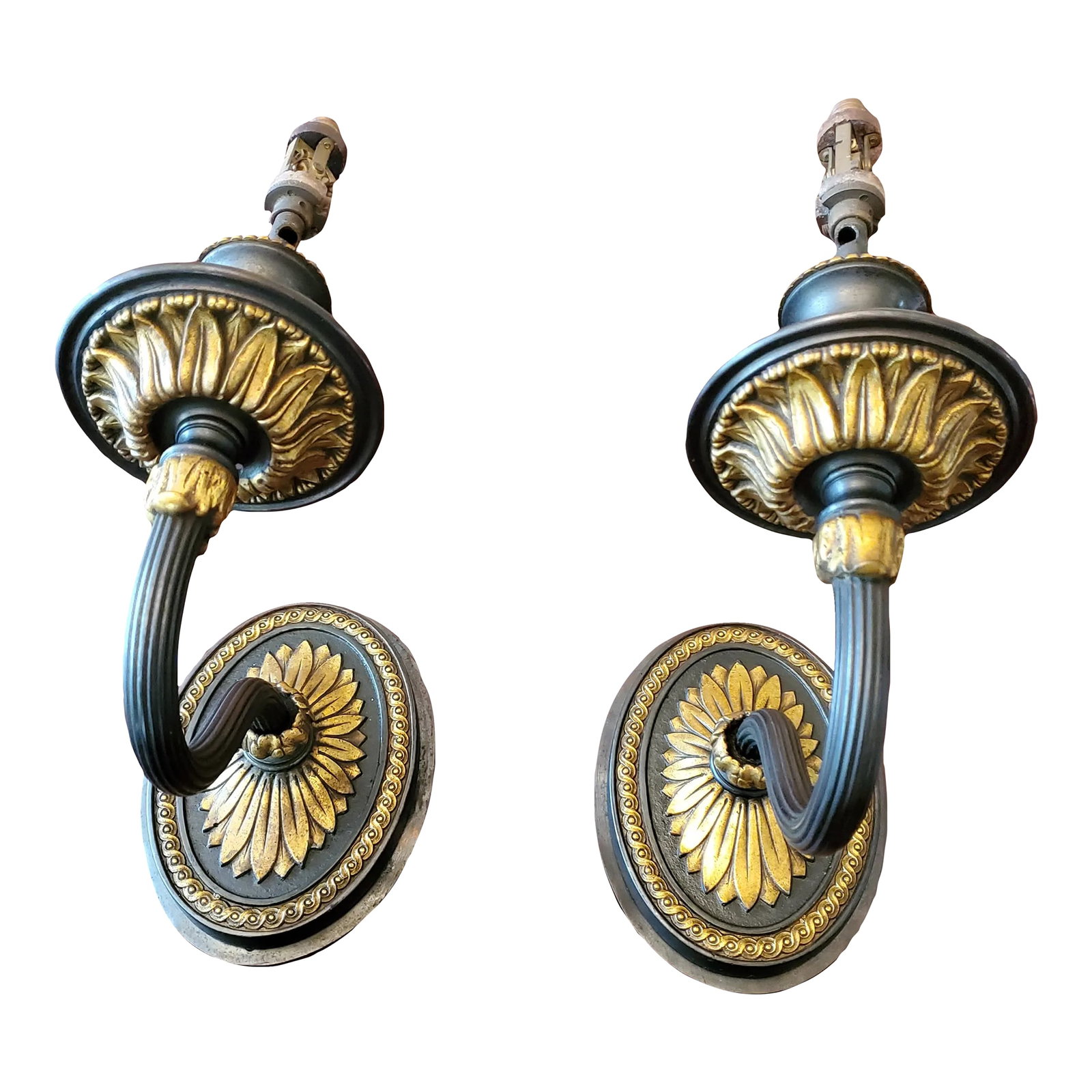 1930s Sterling Bronze Co Ny Gilt Accent Sconces - a Pair: A very rare and important pair of labeled ( guaranteed original and antique) Sterling Bronze company New York sconces. Having crisply designed casted single branches with sharp gilt gold accent