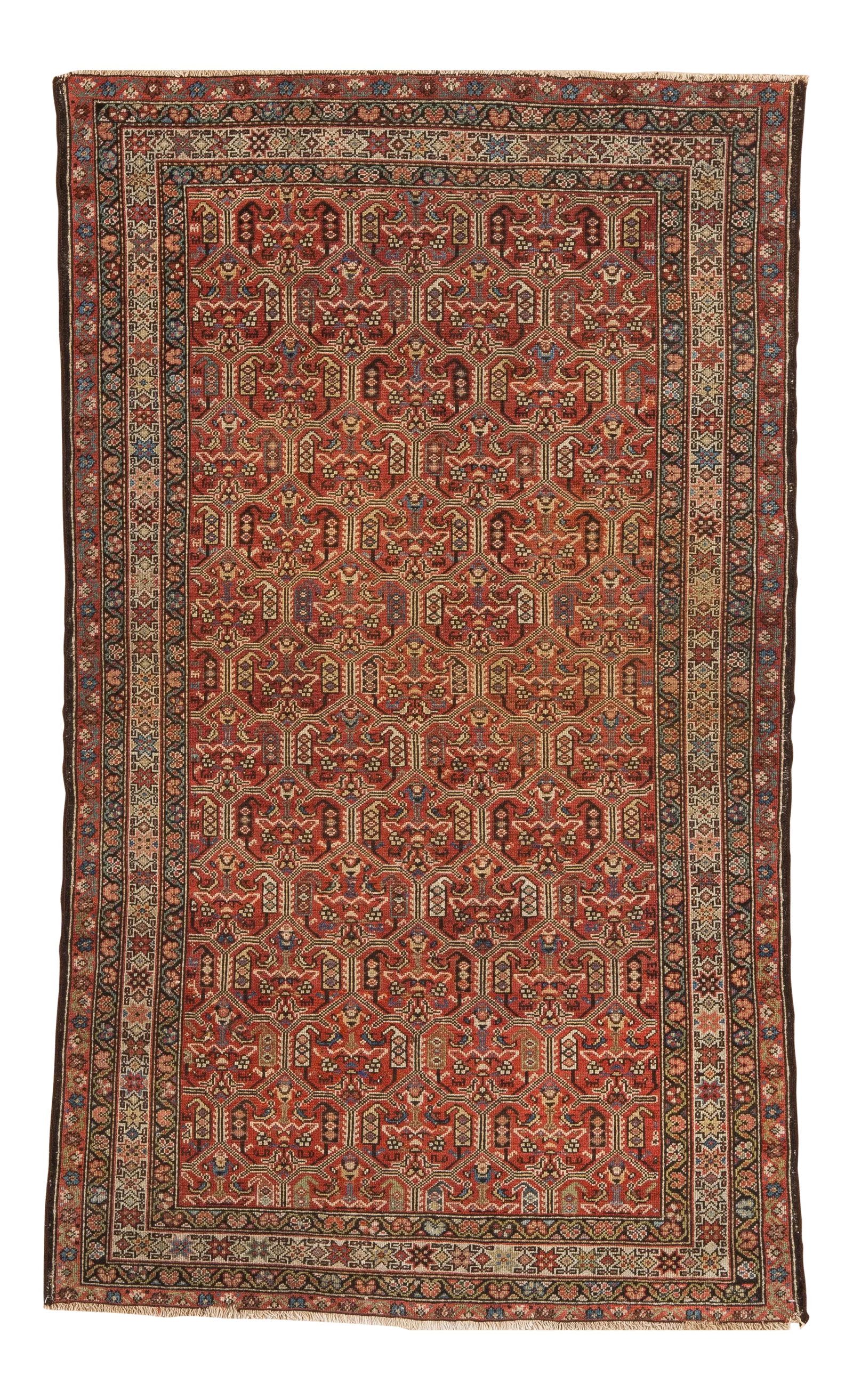 Late 19th Century Antique Malayer Rug- 3'7'' * 6'2'': The unusual madder red field is organized into an offset cartouche lattice pattern.Each panel features a tulip,botehs,small birds and animals.The attractive lime green is quite desirable.There are no