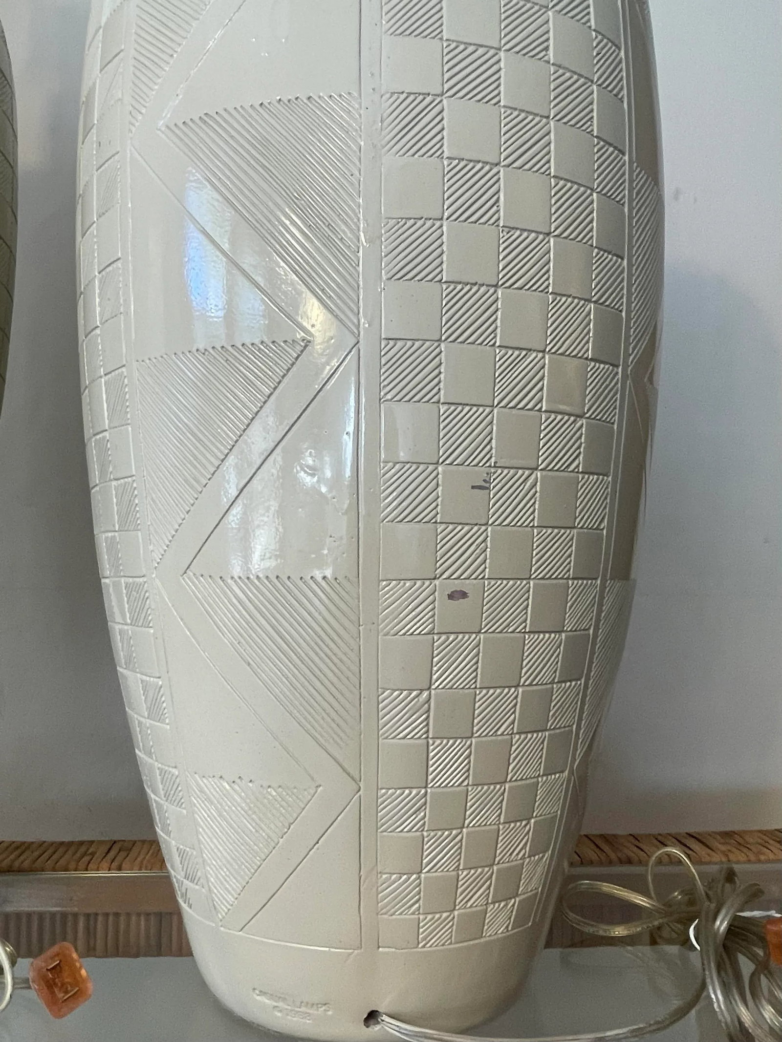 Pair of Casual Lamps of California 1988 Etched Post Modern Ceramic Lamps - 11