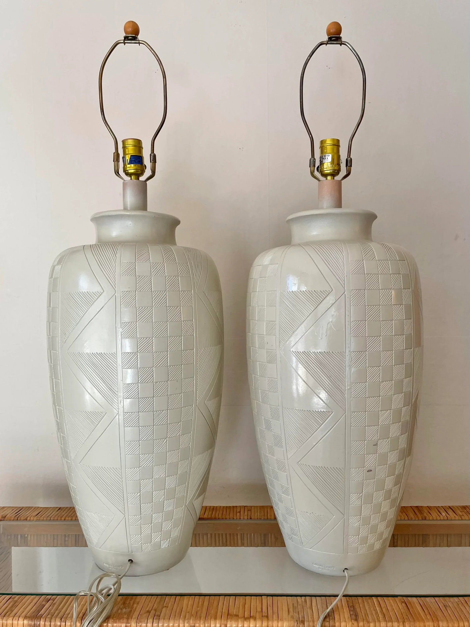 Pair of Casual Lamps of California 1988 Etched Post Modern Ceramic Lamps - 8