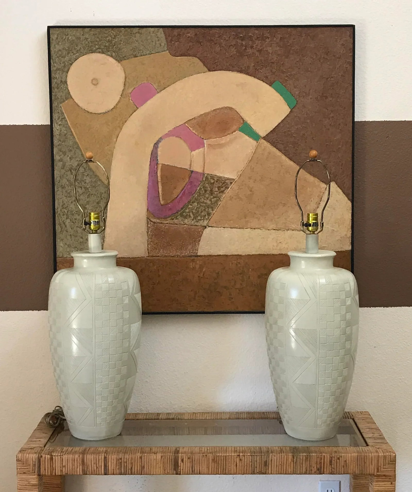 Pair of Casual Lamps of California 1988 Etched Post Modern Ceramic Lamps - 9