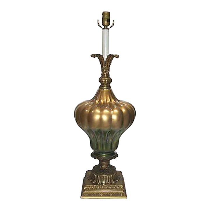 Vintage Murano Glass Lamp Gold and Green Gourd Form Hollywood Regency: A spectacular gold and green gourd shape glass lamp with gilt ormolu accents on the neck and base. The Hollywood Regency hand made designer lamp is a statement piece that will complete your space with