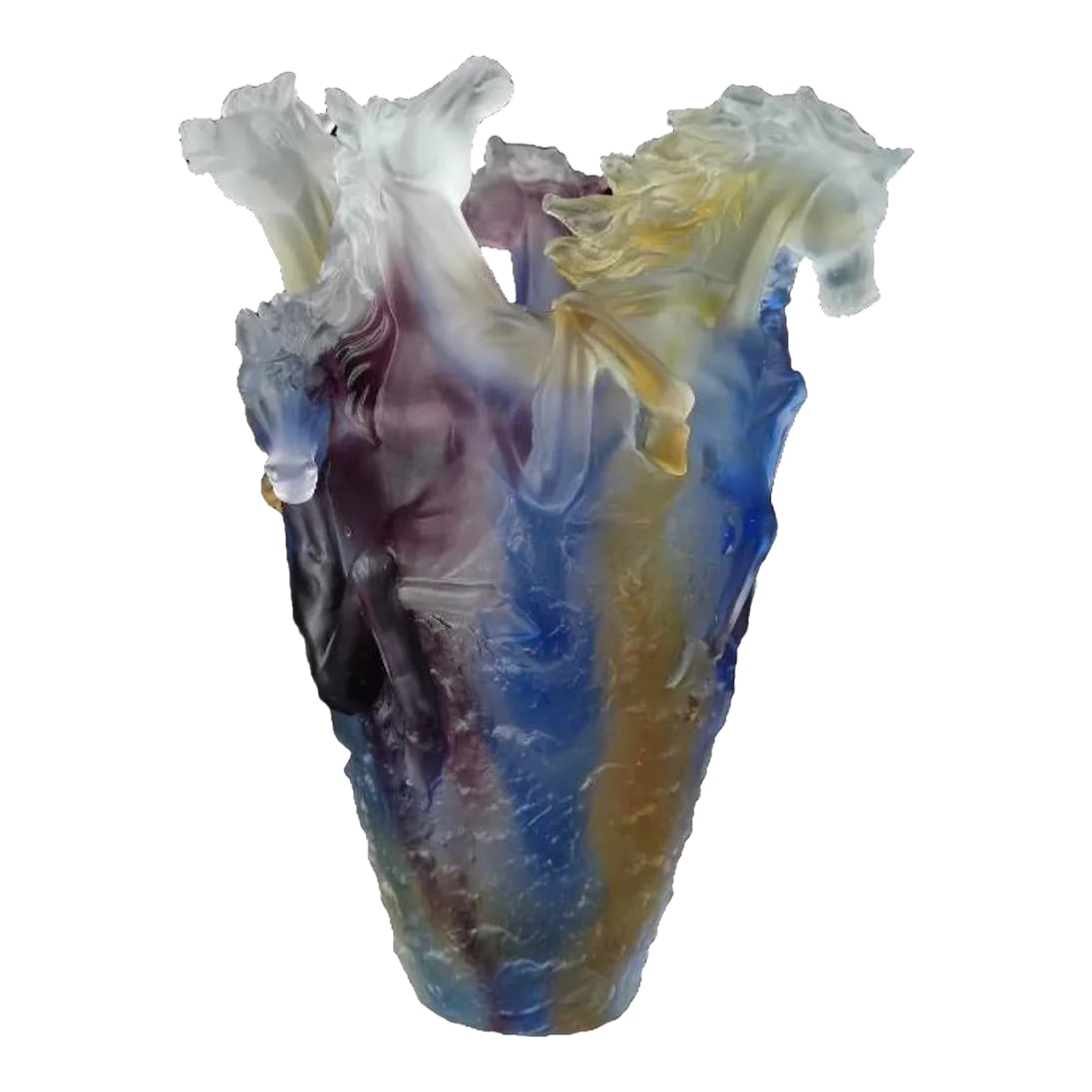 Vintage Crystal Heavy Art Glass Multi Color Ombre Horse Vase: Amazing vintage multi color horse vase H9" W6" heavy unique art glass vase weight 9lb signed France at back the vase is hand made very unusual one of kind Condition: Alterations: Original Condition Un
