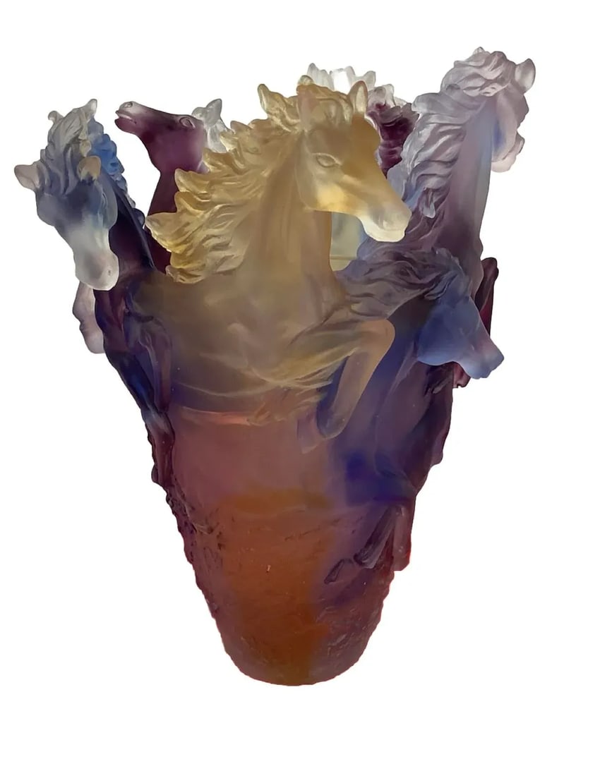Vintage Crystal Heavy Art Glass Multi Color Ombre Horse Vase - 3