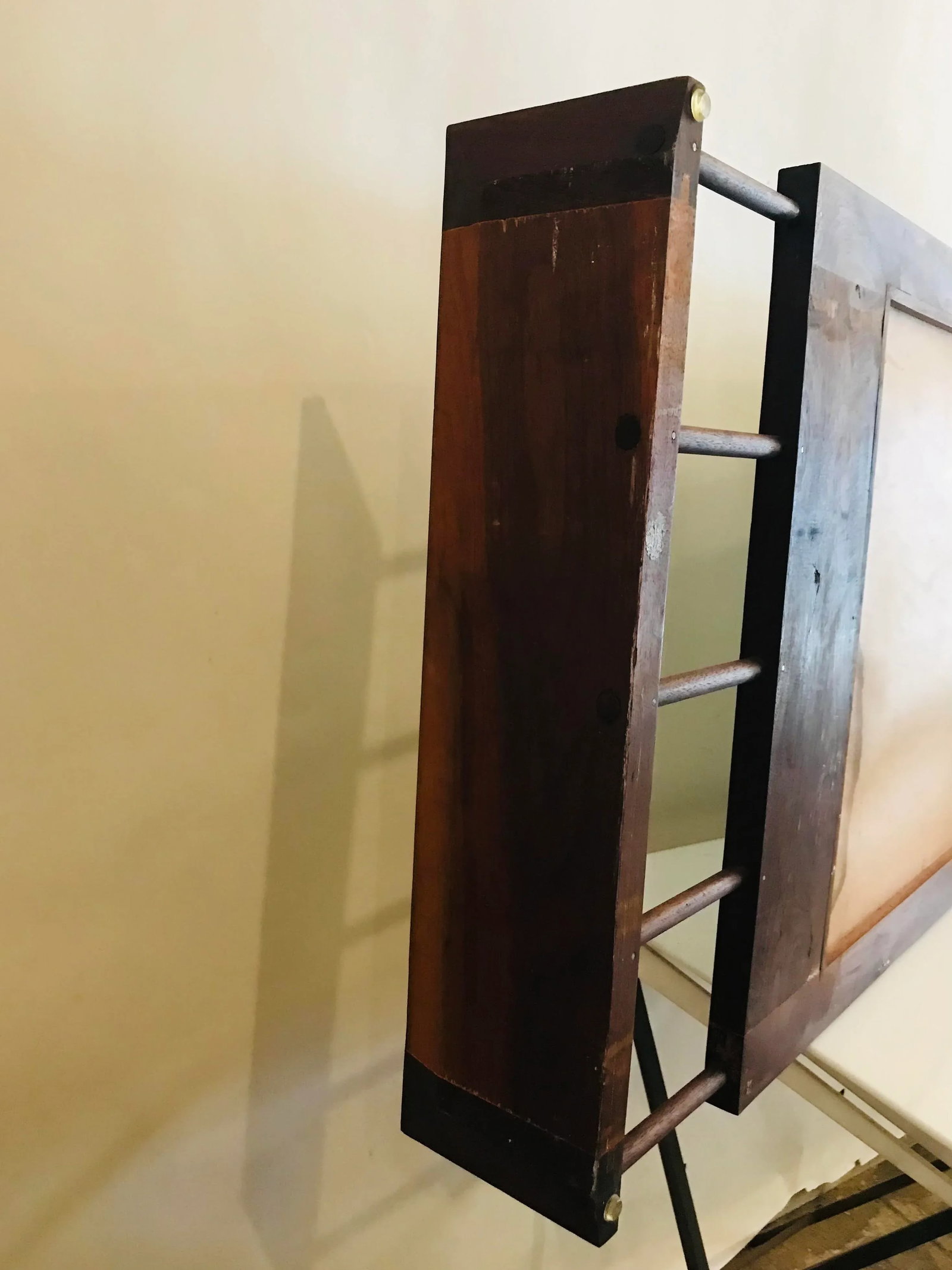 1960s Danish Modern Walnut Wall Mirror With Doweled Hanging Shelf - 10