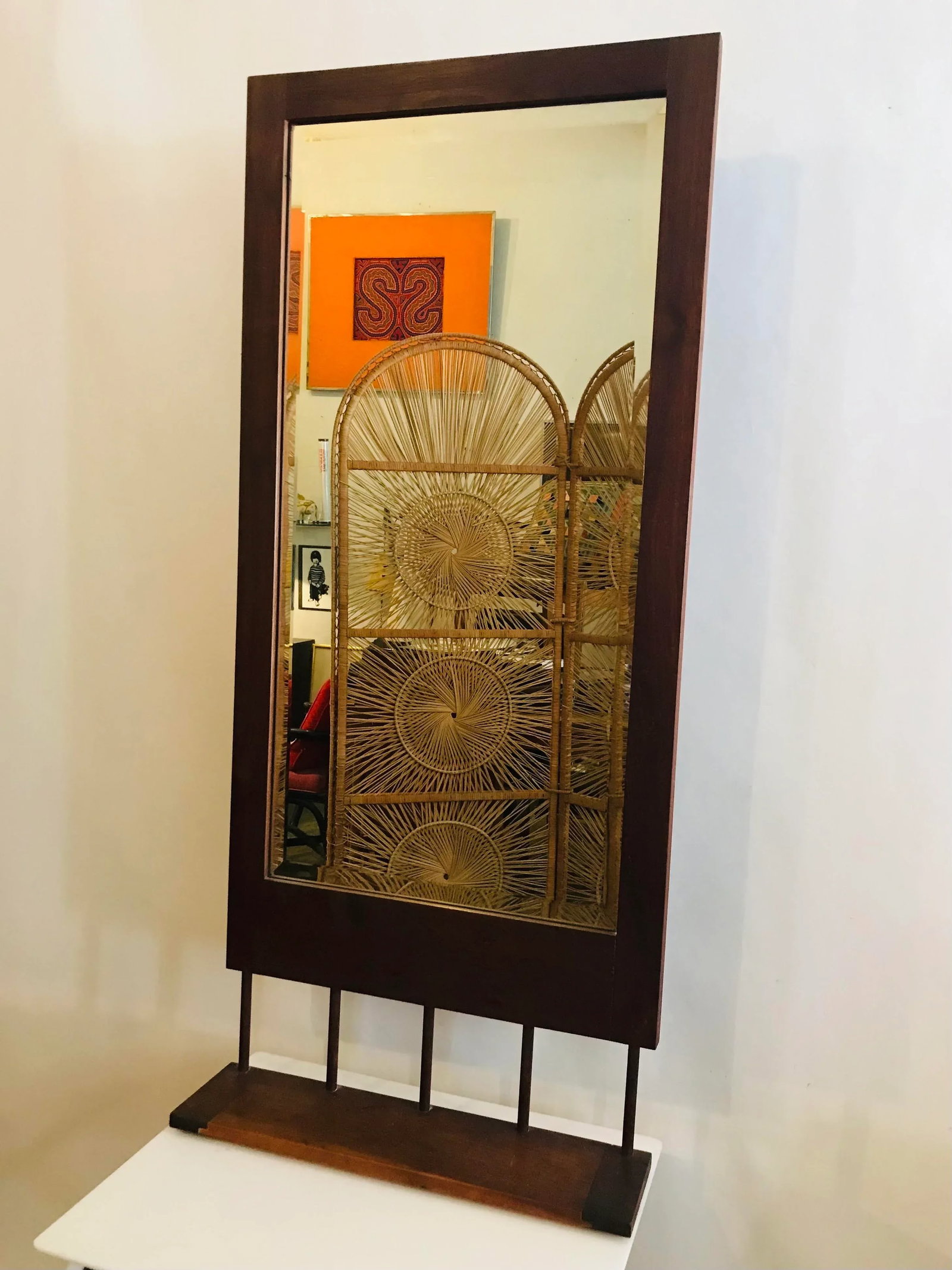 1960s Danish Modern Walnut Wall Mirror With Doweled Hanging Shelf - 3
