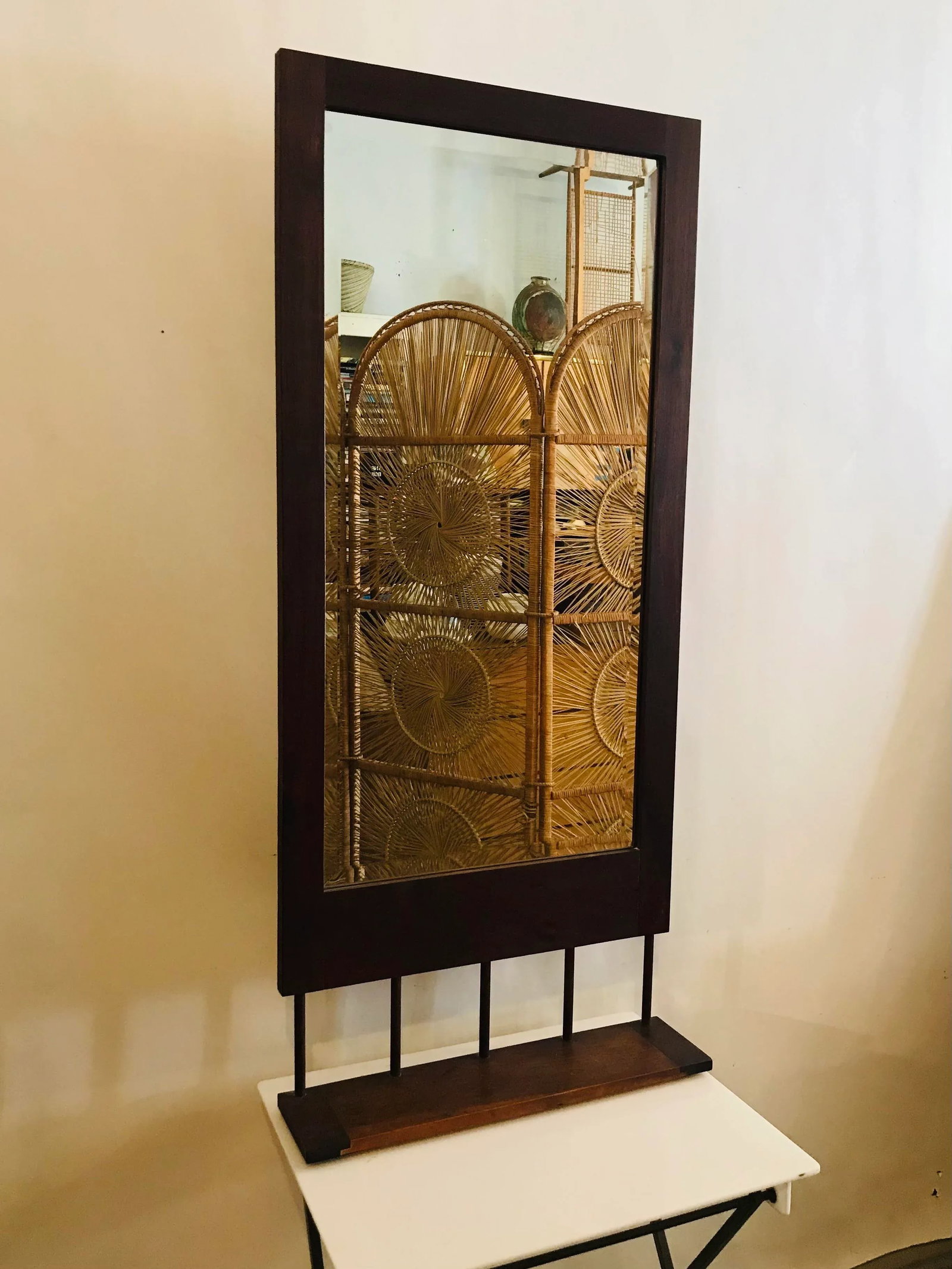 1960s Danish Modern Walnut Wall Mirror With Doweled Hanging Shelf - 4
