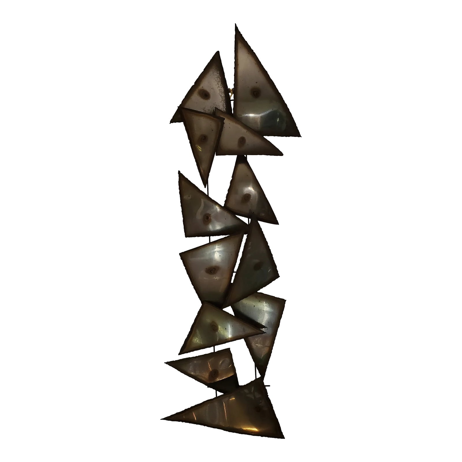 Vintage Mid Century Modern Art Brutalist Designer Wall Sculpture: A very fine and large original mid century modern designer brutalist wall sculpture. All hand made with abstract triangular formations creating a dramatic work of art ( one of a kind circa 1960's) whi