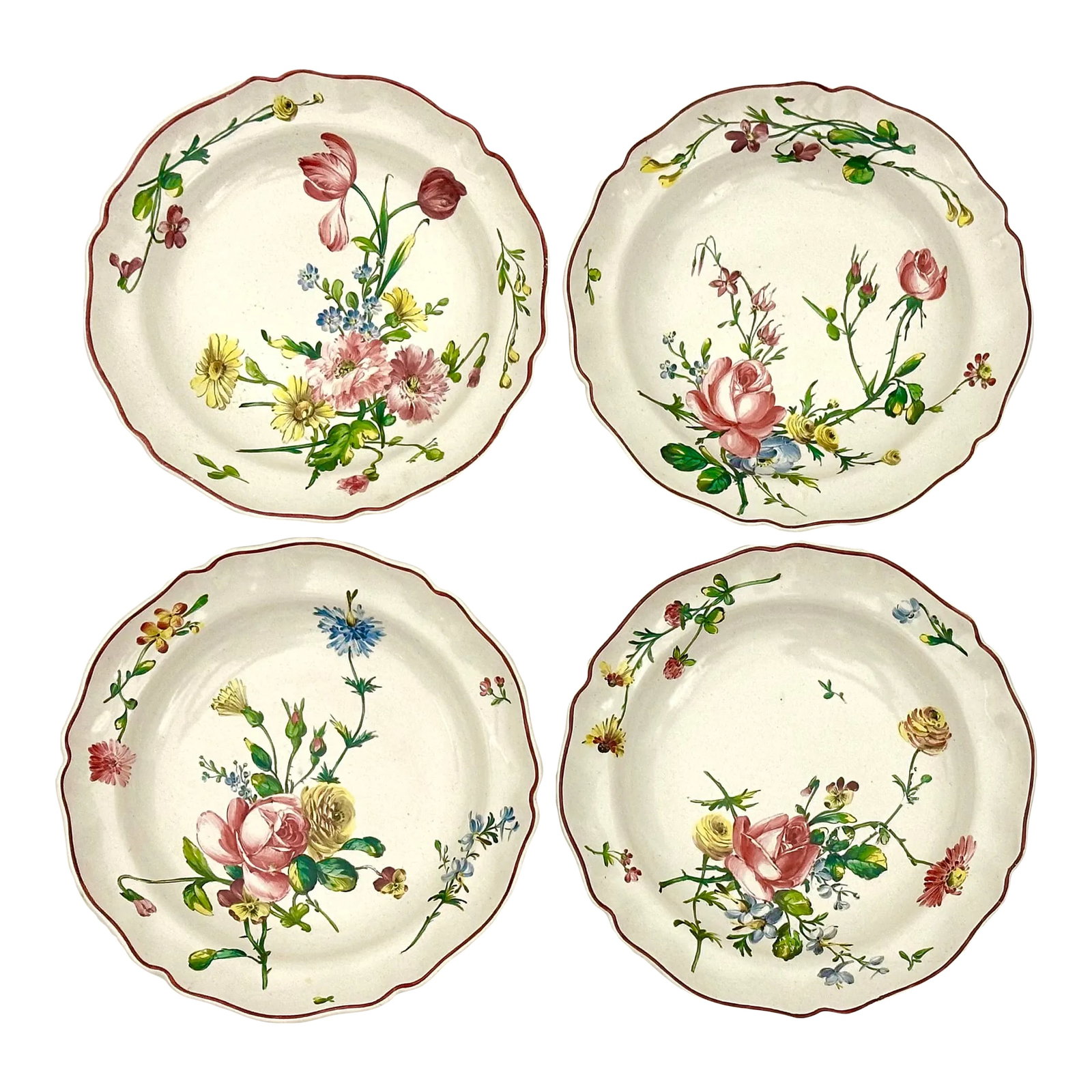 Antique Veuve Perrin French Faience Pottery Bowls - Set of 4: This set of 4 hand painted French Faience - Veuve Perrin pottery bowls are just lovely. Each bowl has a different hand painted floral design - accented with a scalloped edge and a cranberry colored - 