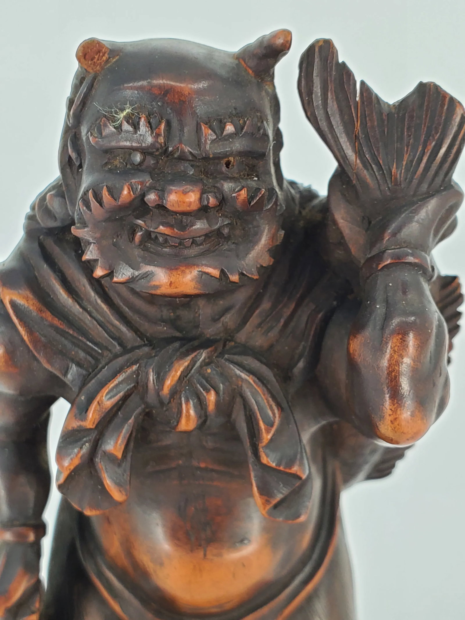 Early 20th Century Japanese Oni Wood Carving Okimono Demon Figure Fish Sculpture Meiji Period - 7