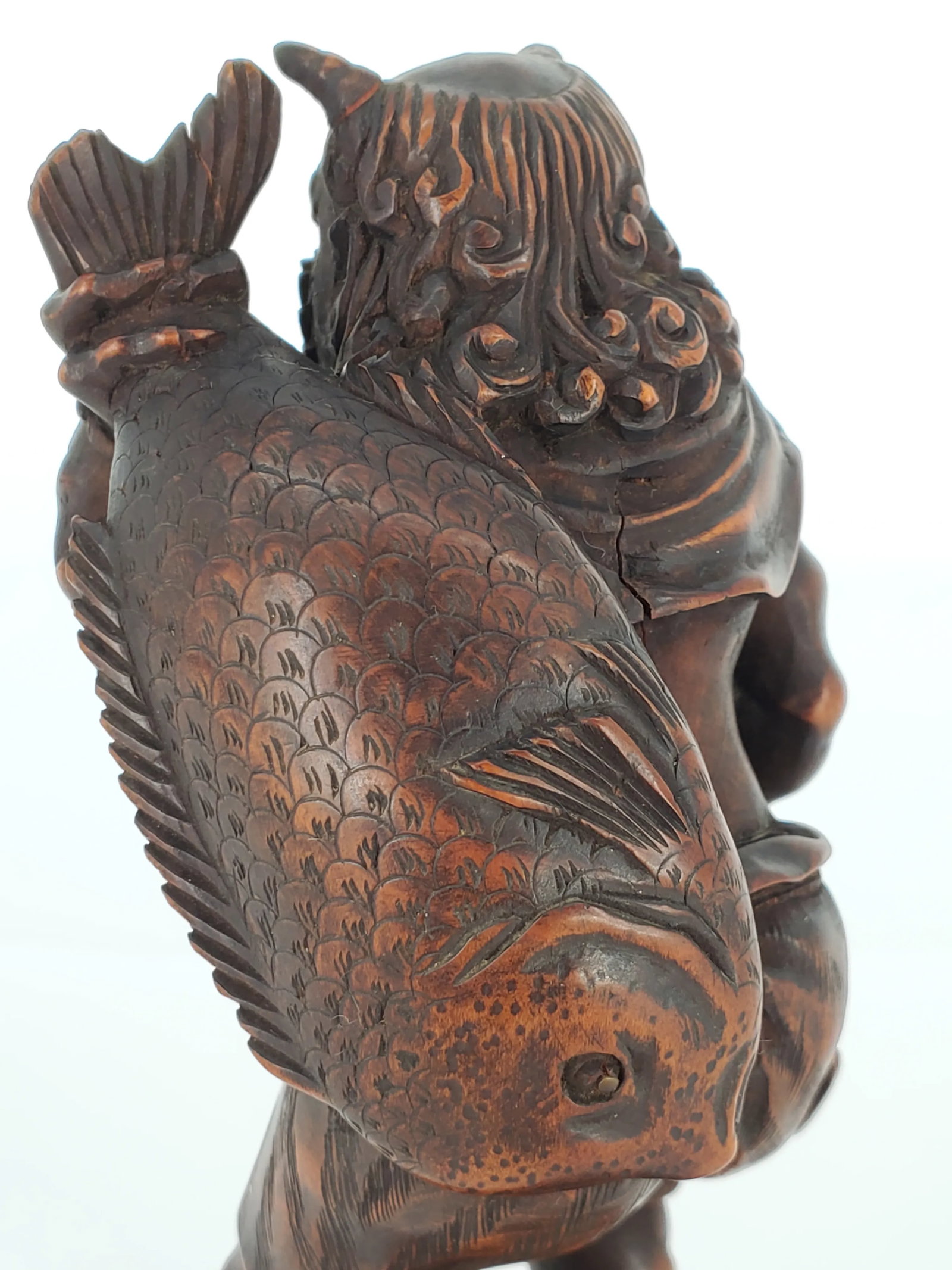 Early 20th Century Japanese Oni Wood Carving Okimono Demon Figure Fish Sculpture Meiji Period - 9