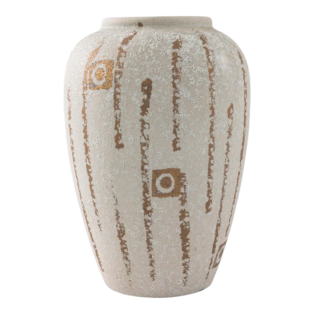 1960s German "W. Germany" Ceramic Vase: Elevate your space with the timeless elegance of this 1960s German "W. Germany" Ceramic Vase. Dressed in pristine white, the vase exudes sophistication with streaks of lustrous gold gracefully cascadi