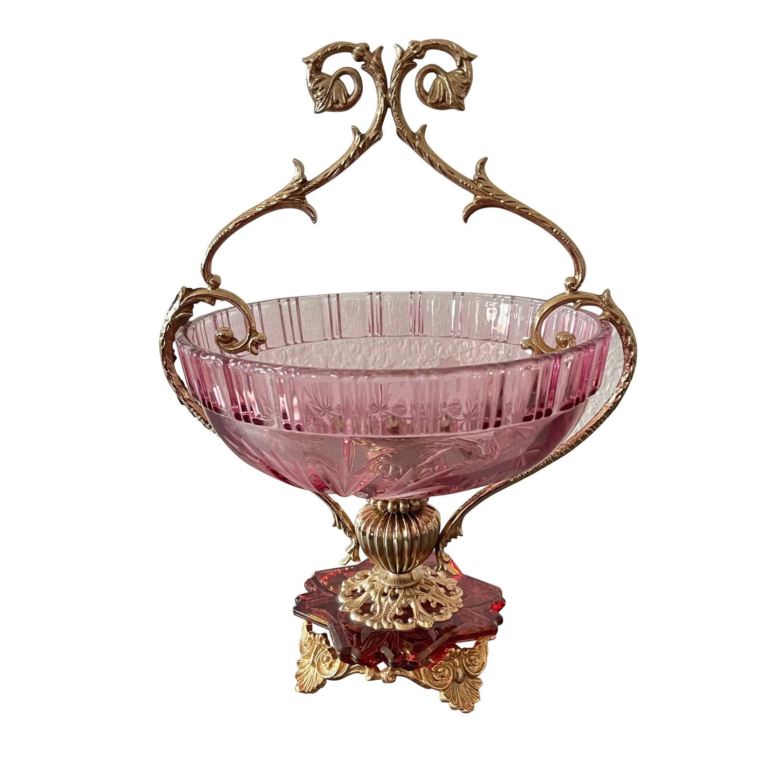 Italian Mid-Century Mauve Rose Cut Crystal and Brass Pedestal Compote Bowl: Italian Mid-Century Mauve Rose Cut Crystal and Brass Pedestal Compote Bowl. Very rare and exquisite find, in perfect condition. Minor detail: One of the feet doesn't completely touch the surface, howe