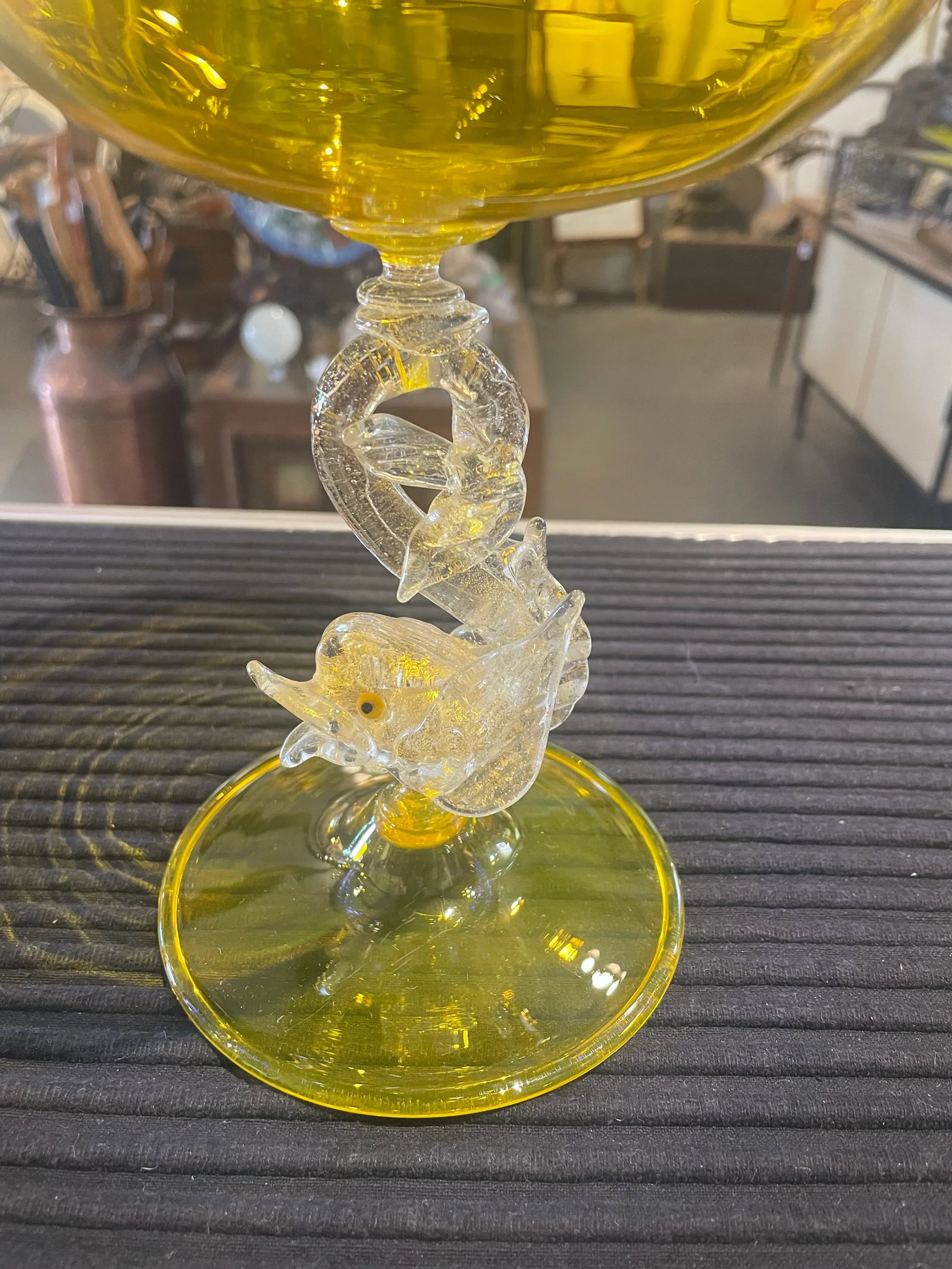 Early Vintage Bright Yellow Salviatii Venetian Murano Attributed Art Glass Bowl Dolphin - 2