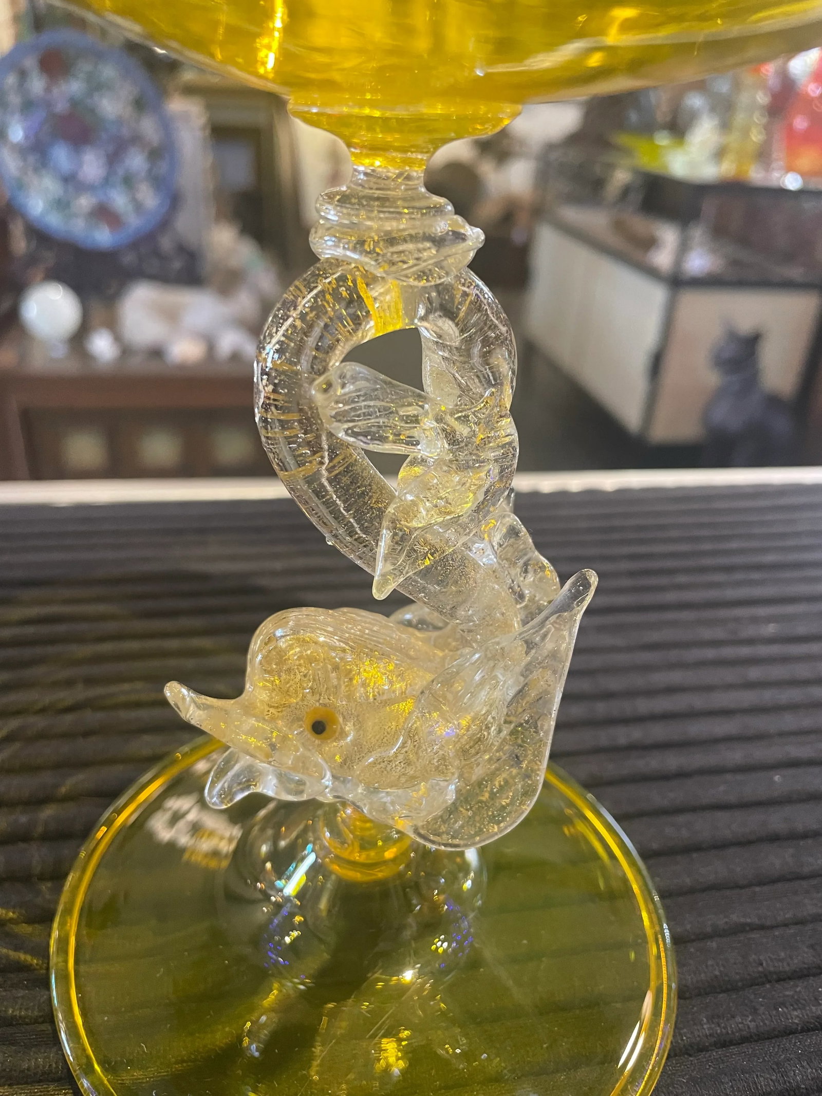 Early Vintage Bright Yellow Salviatii Venetian Murano Attributed Art Glass Bowl Dolphin - 3