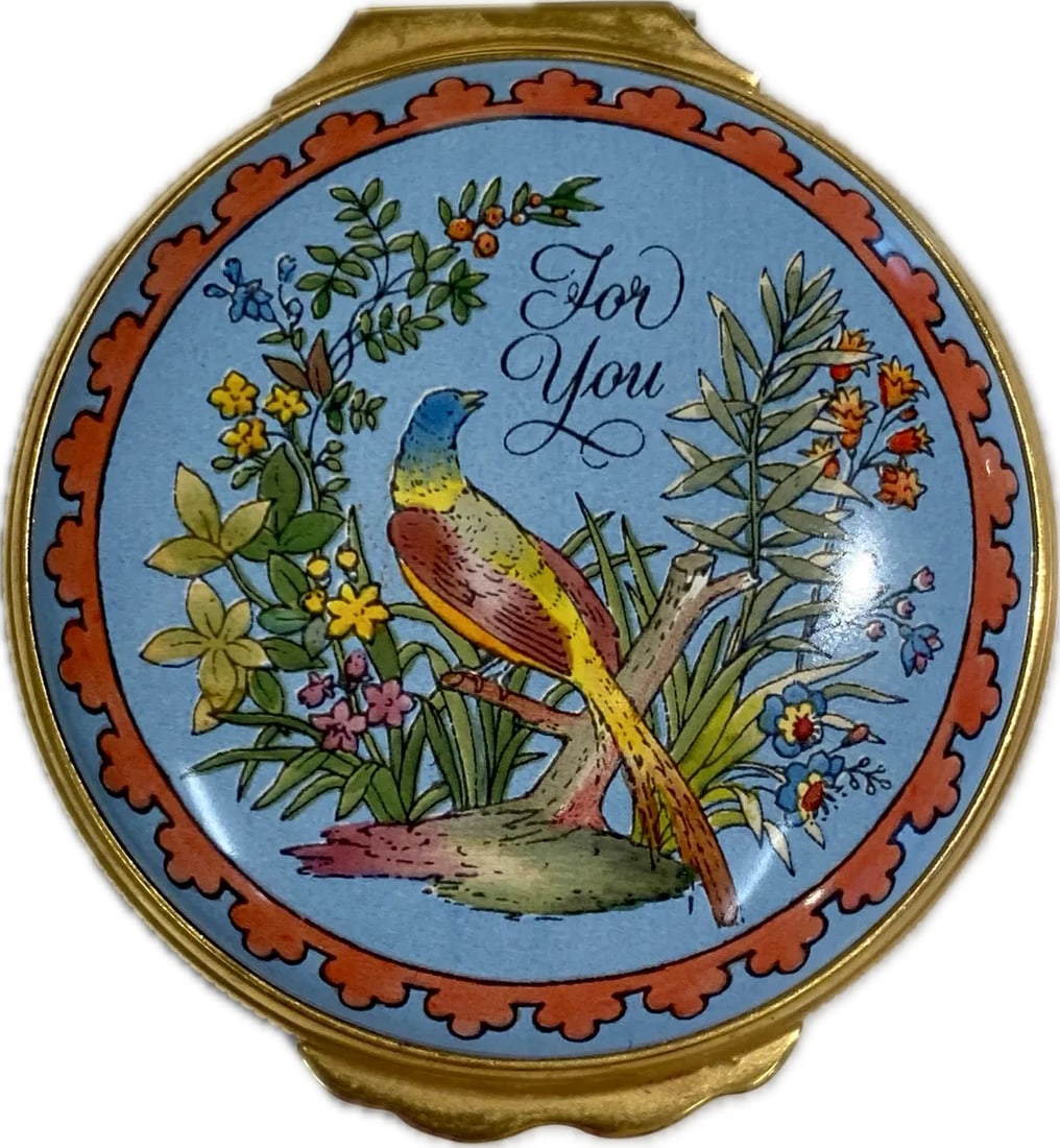 1980s Vintage Halcyon Days Enamel Box "For You": "For You" is a vintage Halcyon box with a lovely pheasant surrounded by flowers, berries, and greenery. Halcyon was established in 1950 to revive the artisan craft of enameling on copper which was pop
