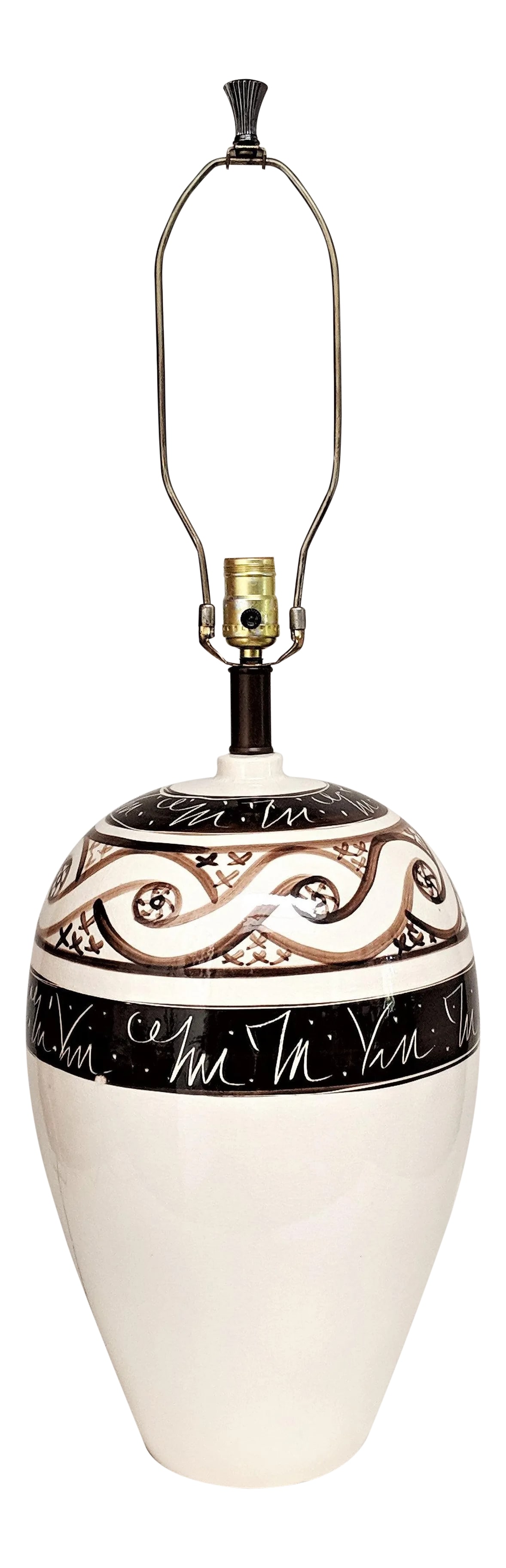 Vintage 1970s Cream & Brown Ceramic Table Lamp: Large ceramic Lamp in cream with various hues of brown design. Shows beautifully! Measurements: Top of Socket: 22.5 in Top of Finial: 33.5 NOTE: SHADE NOT INCLUDED Condition: Alterations: Original Con