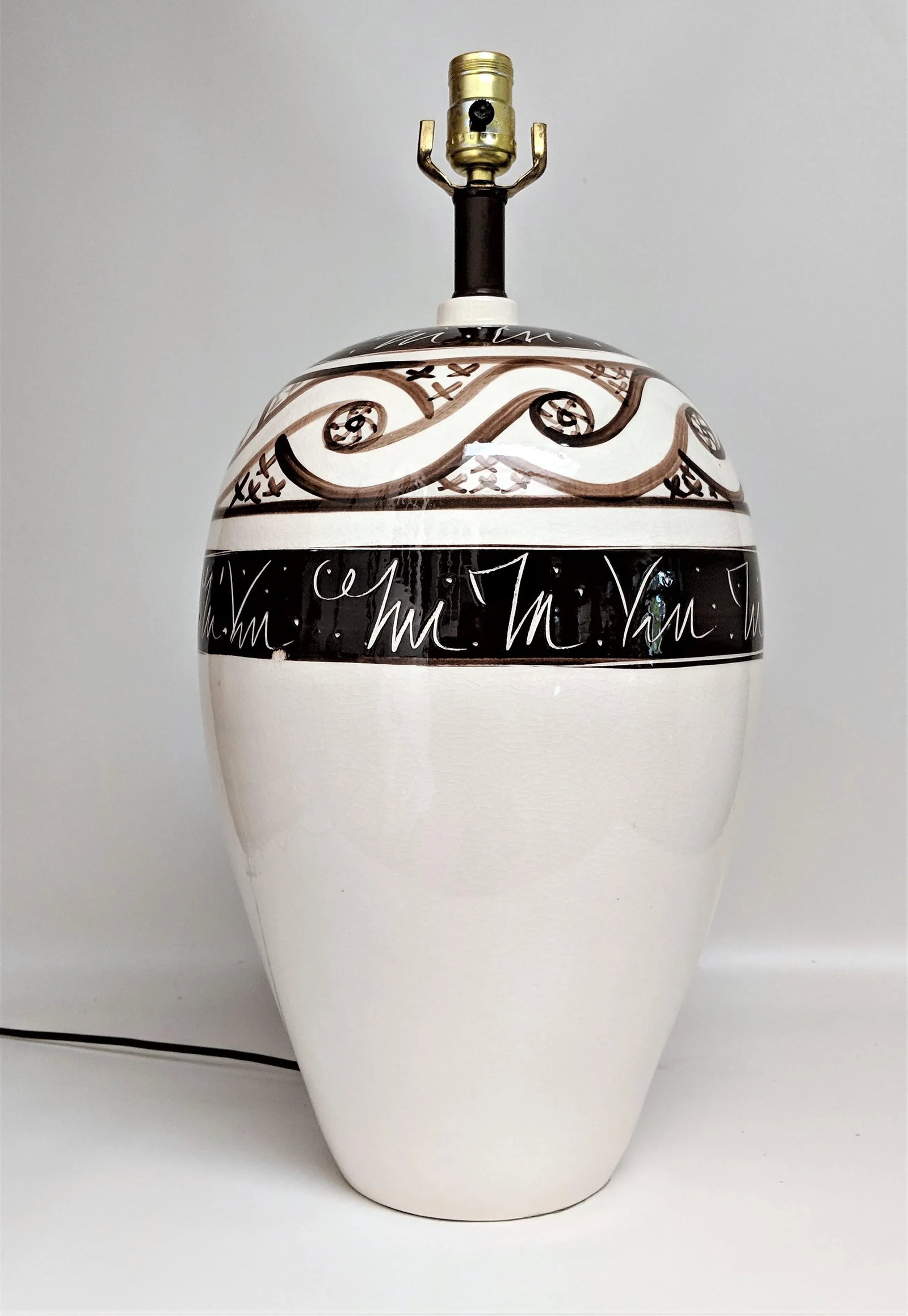 Vintage 1970s Cream & Brown Ceramic Table Lamp - 7