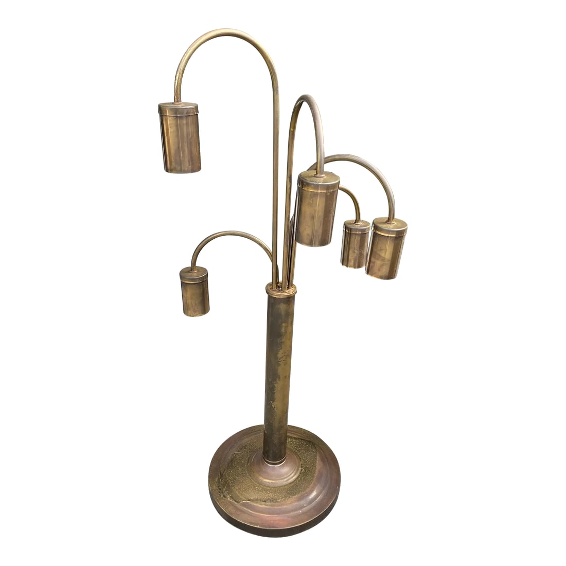 Vintage Brass Table Lamp: Amazing brass table lamp with multiple arms. Such a fun and unique shape. Would make a statement in any space and create great mood lighting. The natural patina adds so much character! As found. The s