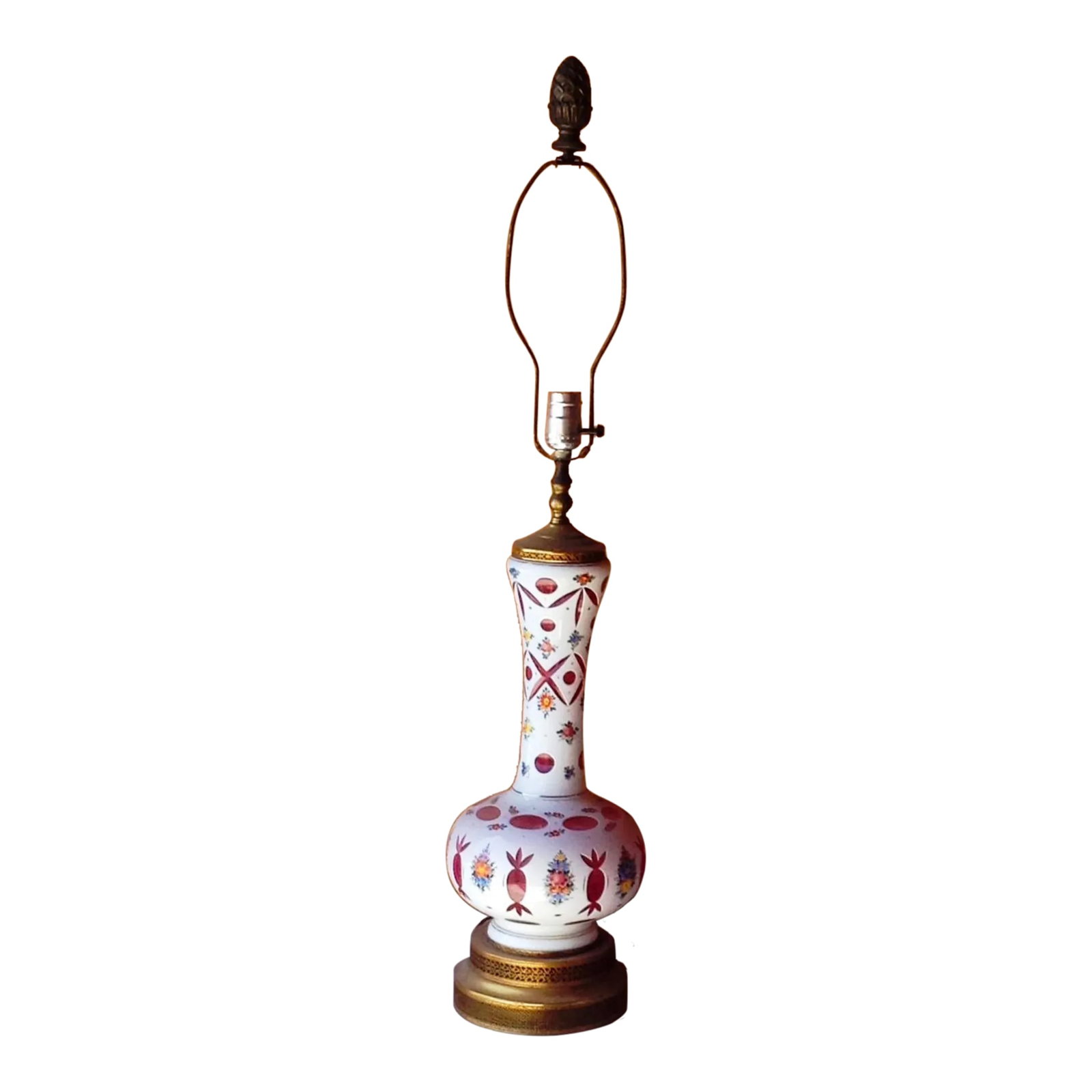Antique Cut-To-Clear Hand-Painted Lamp With Rose Colored Glass: Beautiful cut-to-clear lamp with delicate hand painted flowers and rose colored glass. Unique pine cone finial. Base is 18.5" high; total height is 36" to top of finial. This lamp has been in my famil