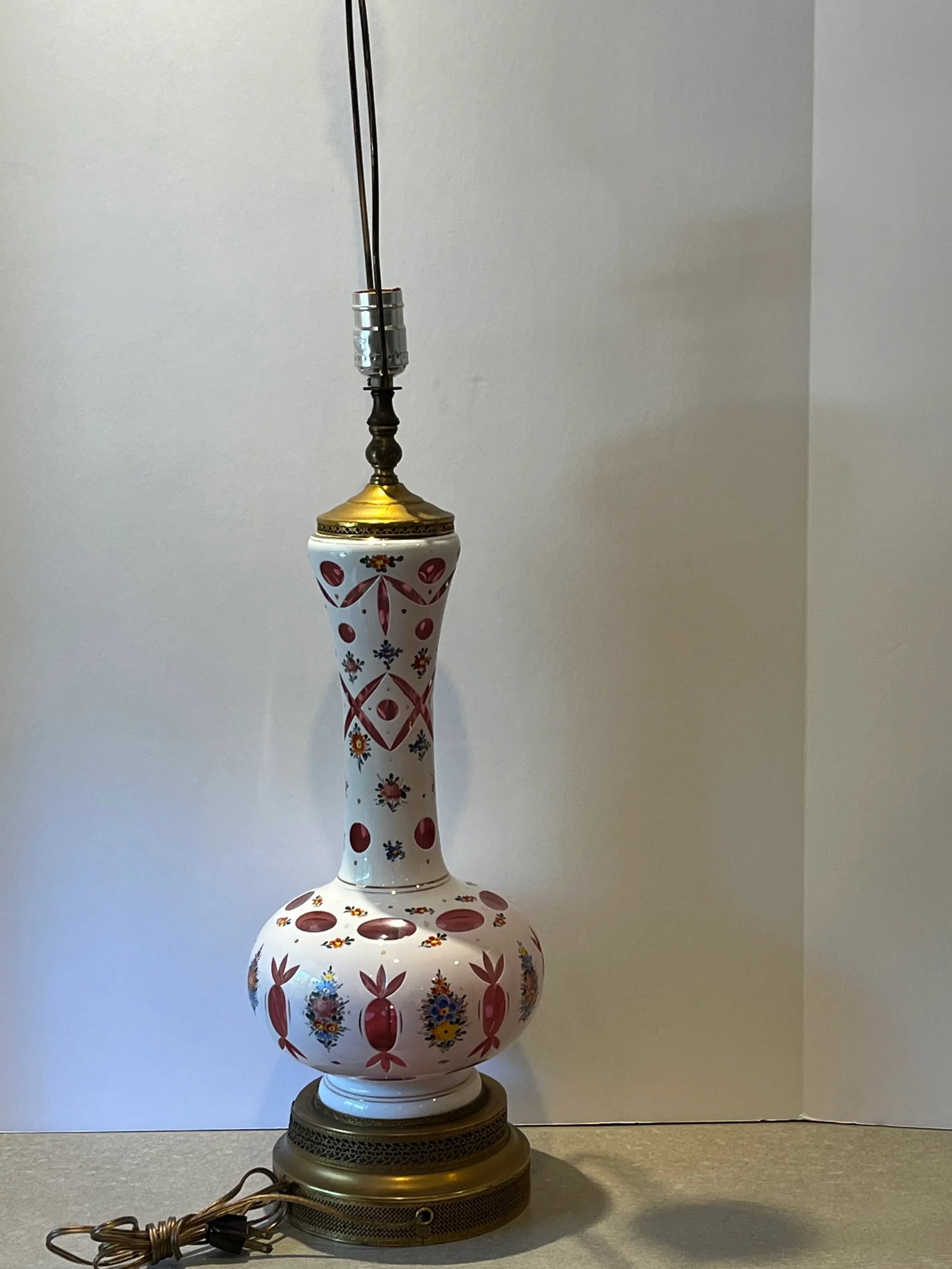 Antique Cut-To-Clear Hand-Painted Lamp With Rose Colored Glass - 2