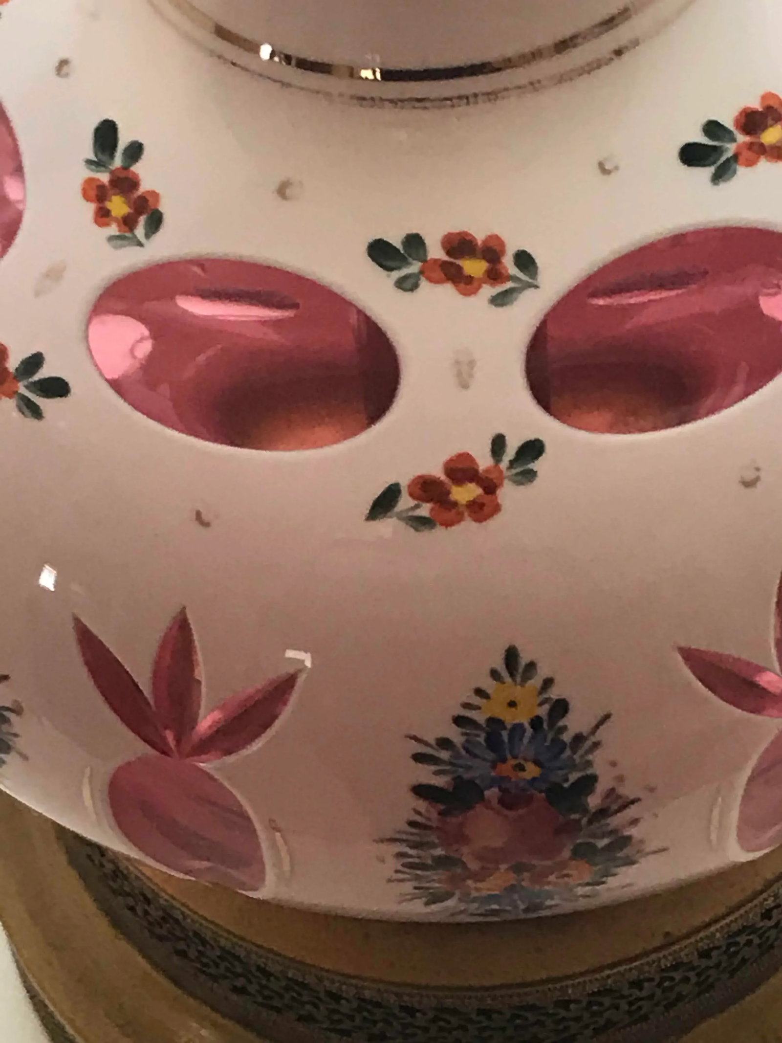 Antique Cut-To-Clear Hand-Painted Lamp With Rose Colored Glass - 5
