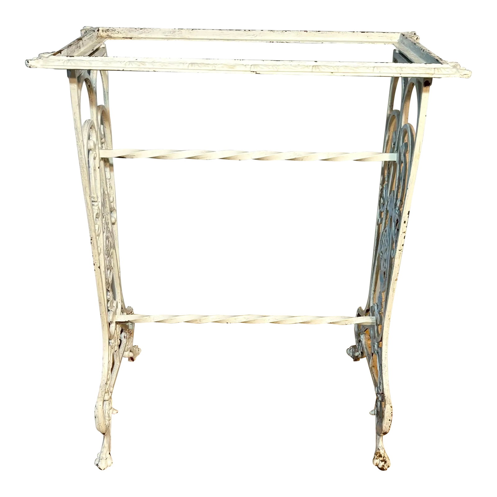 Early 20th Century Victorian French Wrought Iron Plant Stand Base Ornate: Beautiful Design Original finish With paint loss and rusting. I am not sure what used to go in the center top but i think a glass or stone would look nice. 24" wide 14.5" Deep 28" Tall Inside of top d