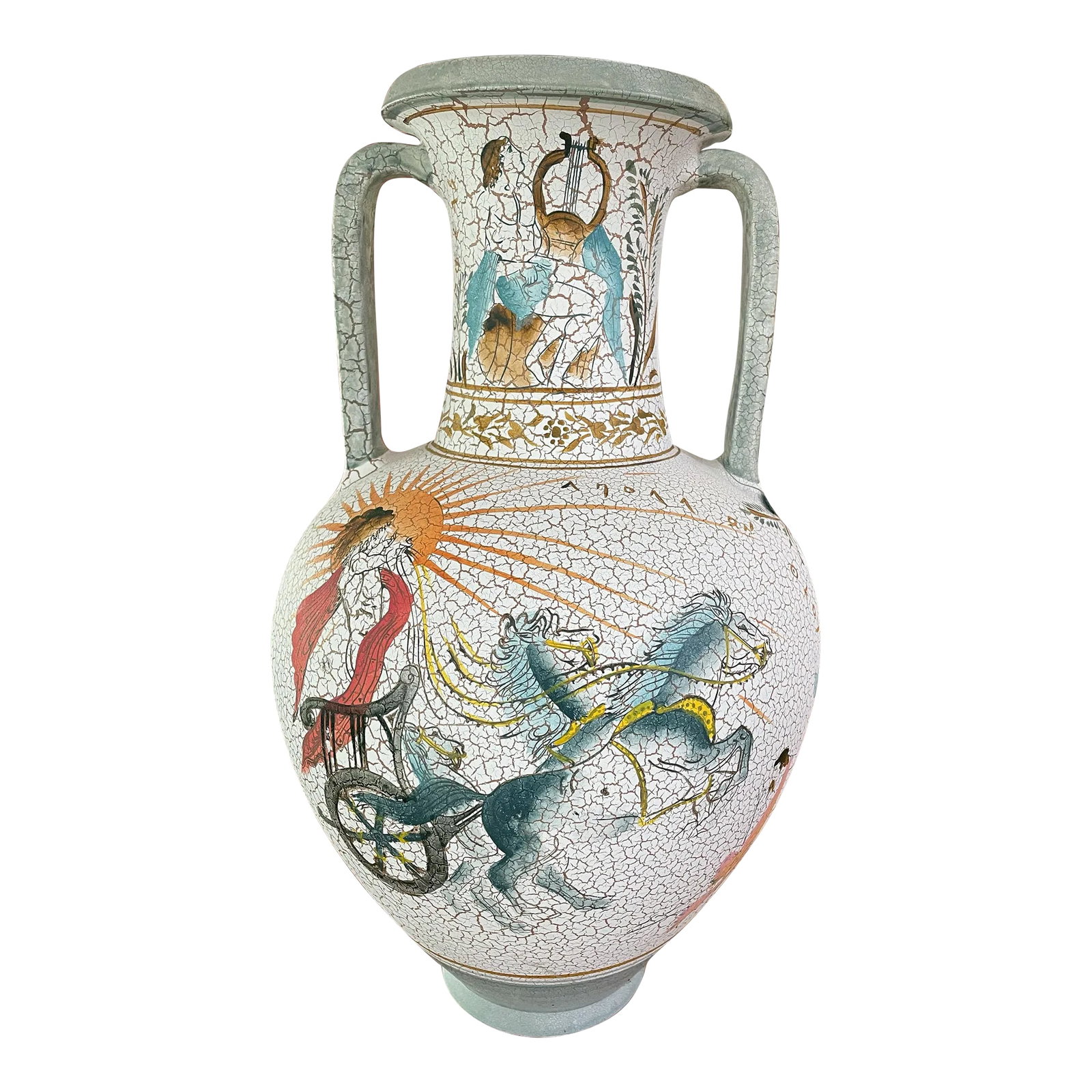 Late 20th Century Tall Greek Museum Reproduction Vase: This white based-vase has a crackled polychrome design of turquoise, orange, red, and green is a copy by the Union of Greek Ceramicists (lead metal/coin attached). The bowl's base is wide at the